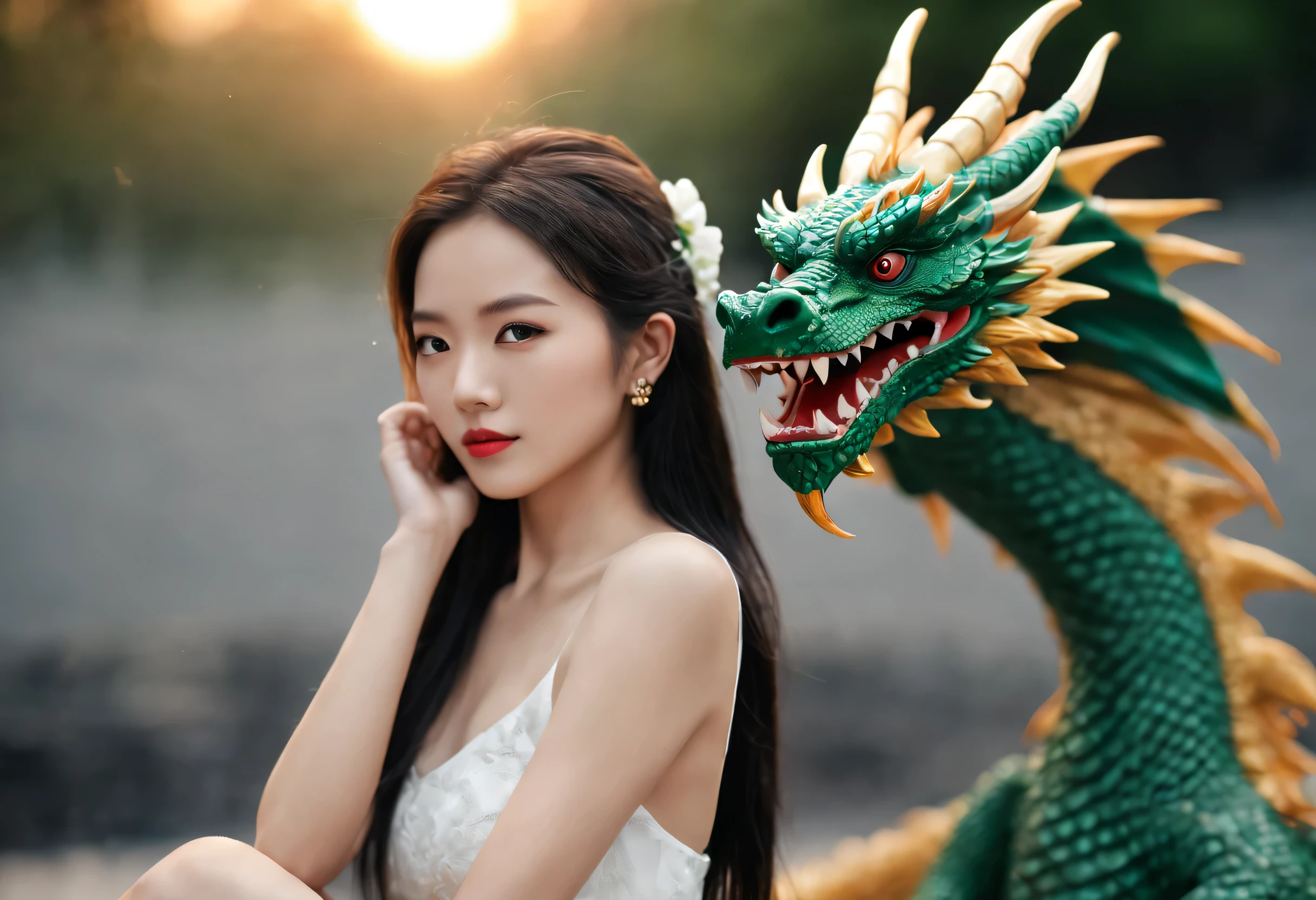 HDR, UHD, 64k, polychromatic neon, phantasmagoria, vray, polychromatic noir, hyperrealistic photo, portrait of a very attractive single Asian girl with beautiful emerald detailed eyes in a detailed white dress with dragons on it, she has medium-sized breasts and juicy cleavage, anatomically correct, finely detailed features, perfect body, lightly tanned skin, perfectly flawless skin, super-detailed black and red dragon tattoos, (award winning, best quality), masterpiece, detailed, edgy, (dramatic, confident, mirrorless, ultra-wide angle, sunset, lifestyle editorial, black and white, high, backlit), ( blending, smooth, serious, detailed expressions, artstyle, detailed eyes, HDR, UHD, 64k, RTX, sharp, sharp focus, highly detailed, intricate detail, professional, artistic flow, ultra detailed, high resolution photography)