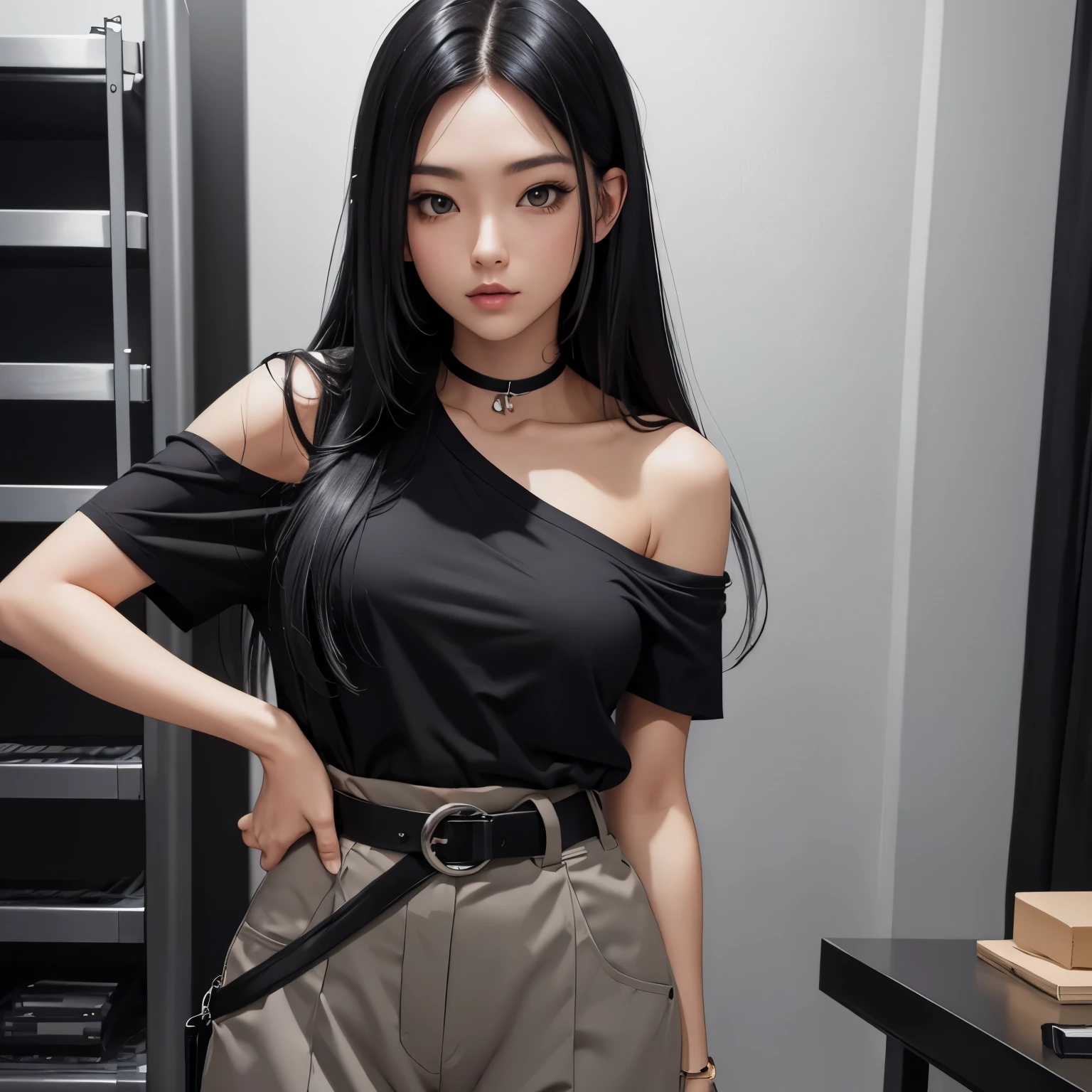 Sexy woman, long black straight hair, grey off shoulder t shirt, grey cargo pants, black belt
