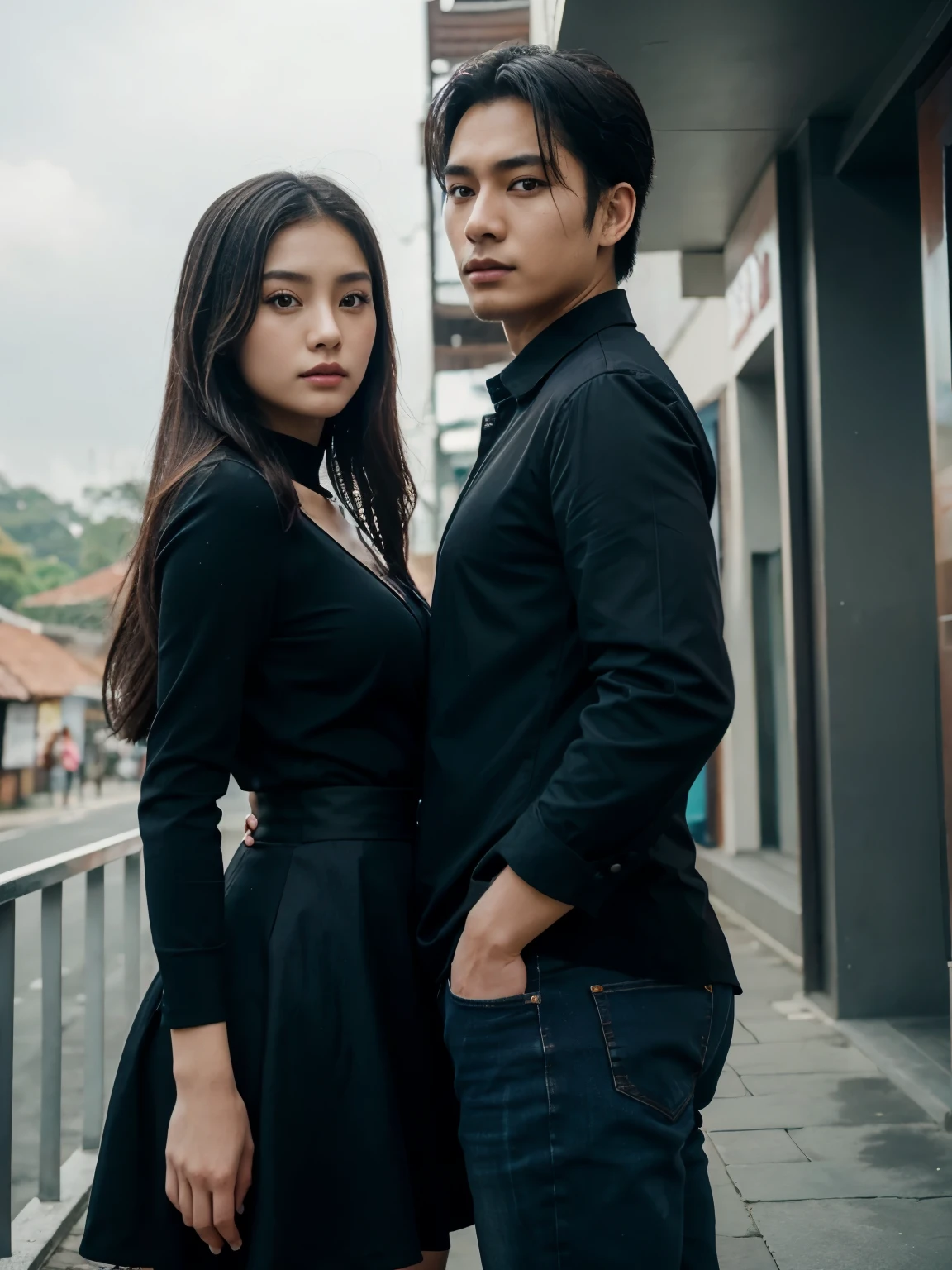 a man and a woman standing next to each other at a tourist spot in indonesia, an image, inspired by Adam Dario Keel, which is trending in the cg community, beautiful young Korean woman dressed in black party dress, jeans, movie screencap, model elisajes from acquamodels