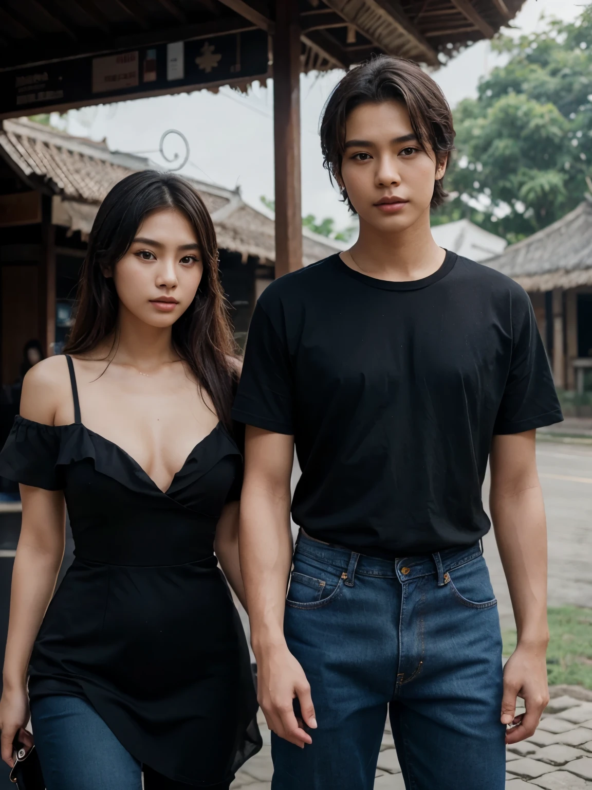 a man and a woman standing next to each other at a tourist spot in indonesia, an image, inspired by Adam Dario Keel, which is trending in the cg community, beautiful young Korean woman dressed in black party dress, jeans, movie screencap, model elisajes from acquamodels
