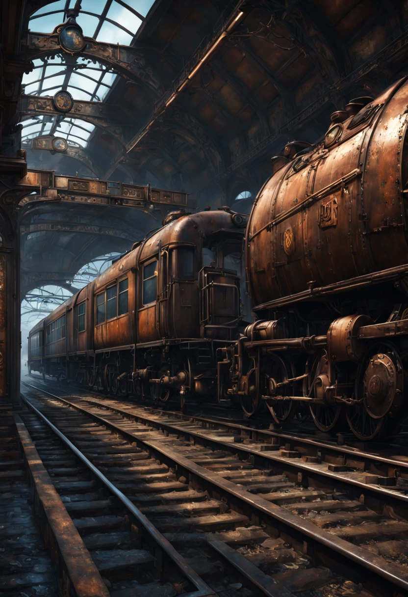 Train Station, aesthetic, Train, metal, rusted, detailed, 8k resolution, detailed matte painting, deep color, fantastical, intricate detail, splash screen, complementary colors, fantasy concept art, 8k resolution trending on Artstation Unreal Engine 5