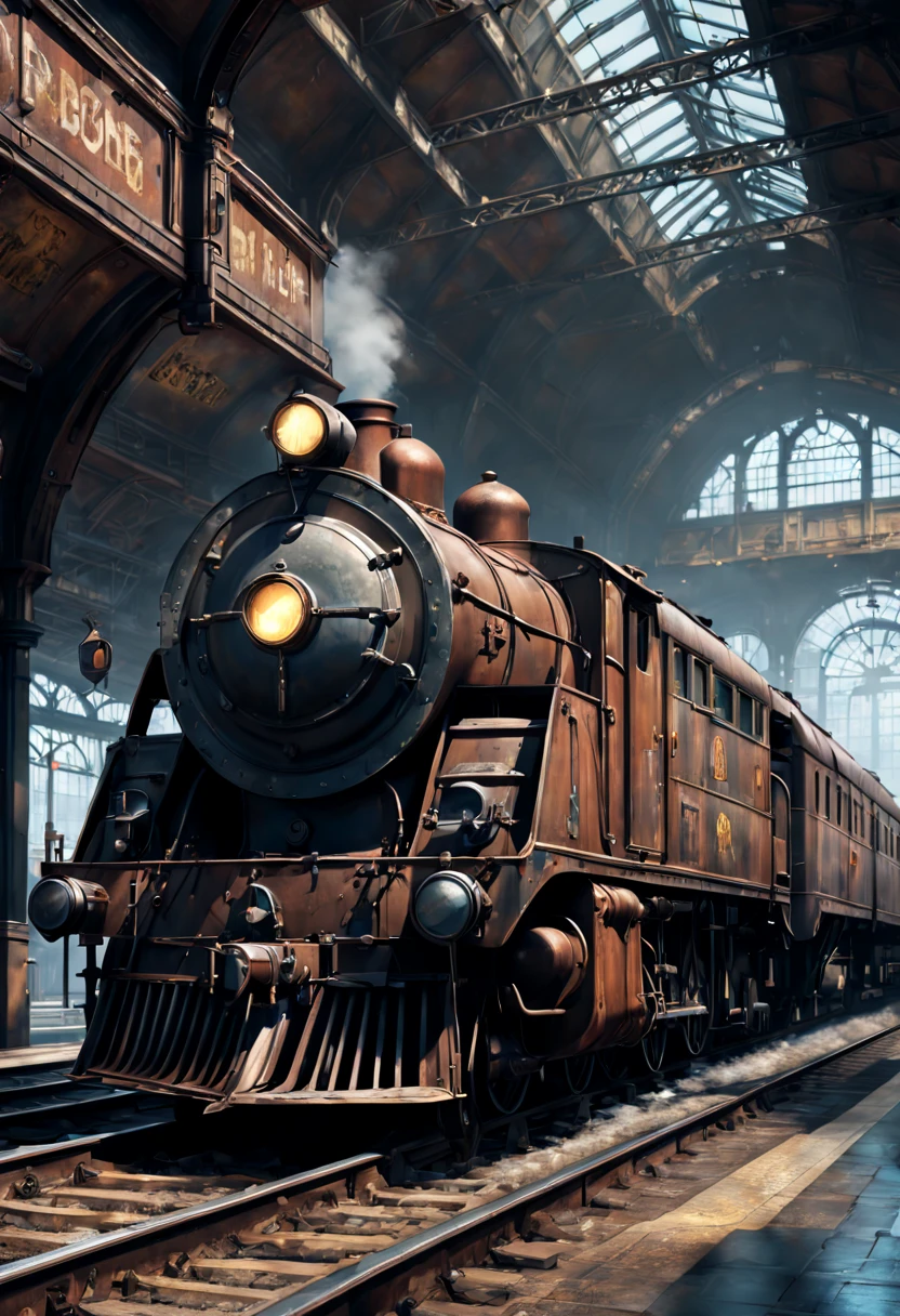 Train Station, aesthetic, Train, metal, rusted, detailed, 8k resolution, detailed matte painting, deep color, fantastical, intricate detail, splash screen, complementary colors, fantasy concept art, 8k resolution trending on Artstation Unreal Engine 5