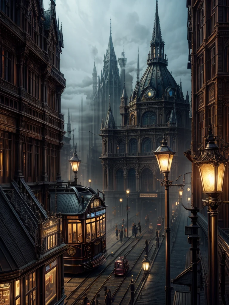 
       Victorian Aesthetics and Steampunk City Station Bus Crowd Fantasy Movie Scene Lively City Atmosphere Fog Mysterious Lighting Complex and Detailed Architecture, Bustling streets super detailed,Clear pattern, artwork,masterpiece,Master-produced photo-realistic highly detailed digital art，fantasy art behavior，surreal