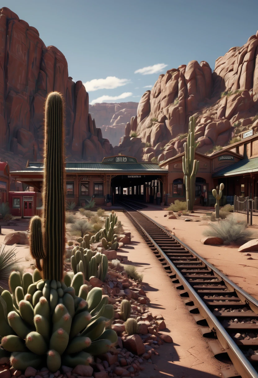 Train Station, American Wilderness, desert, cactus, (best quality, masterpiece, Representative work, official art, Professional, Ultra intricate detailed, 8k:1.3)