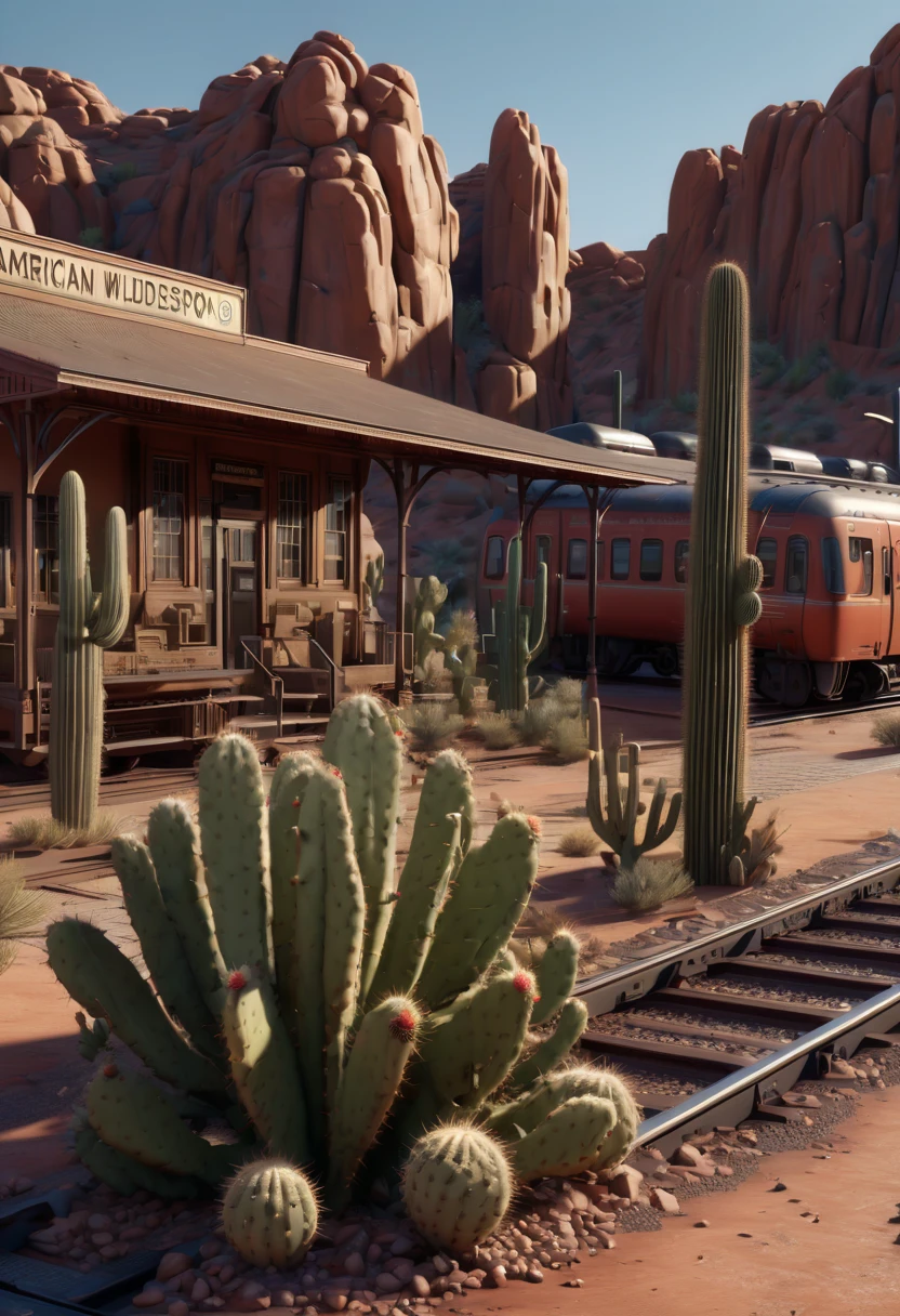 Train Station, American Wilderness, desert, cactus, (best quality, masterpiece, Representative work, official art, Professional, Ultra intricate detailed, 8k:1.3)