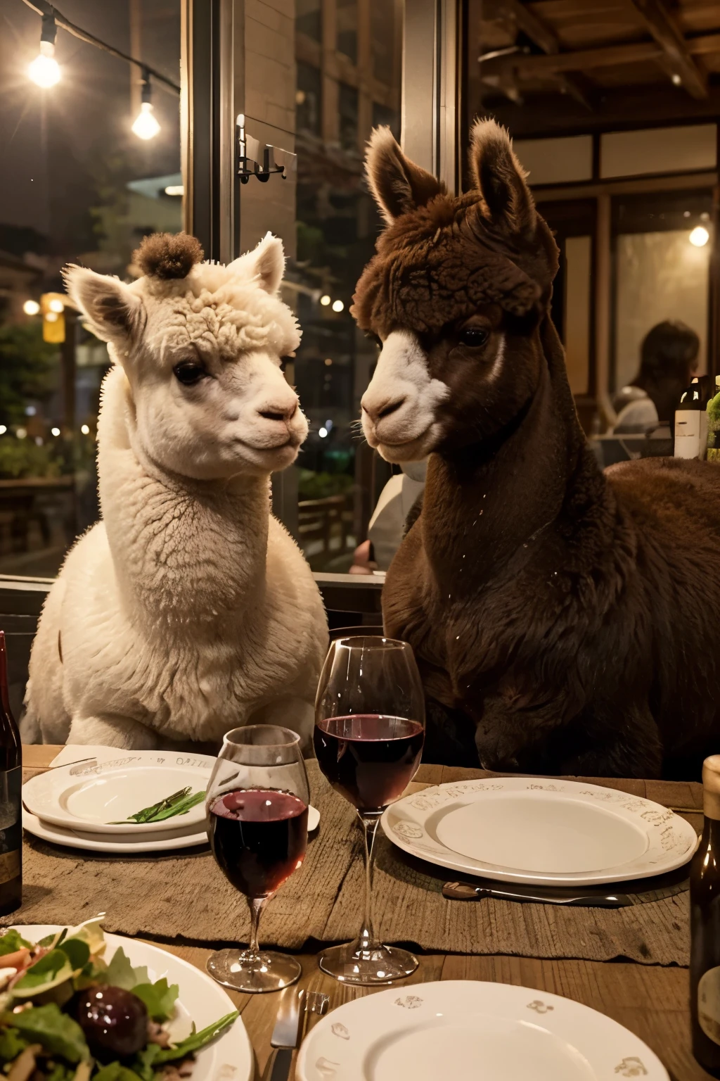 An old couple alpaca animals in khaki,Sitting at the table in casual clothes,Enjoying a delicious dinner。The table is full of plates、tableware、food、Two wine glasses and three candlelights。The meal in front of them consisted of rice、chicken、salad and bottle of red wine。Alpacas smiling at each other,Look at each other with love。Night view and beautiful little moon outside the restaurant window。Alpacas are chubby and look particularly cute,fine hair。There is a bottle of red wine on the table。