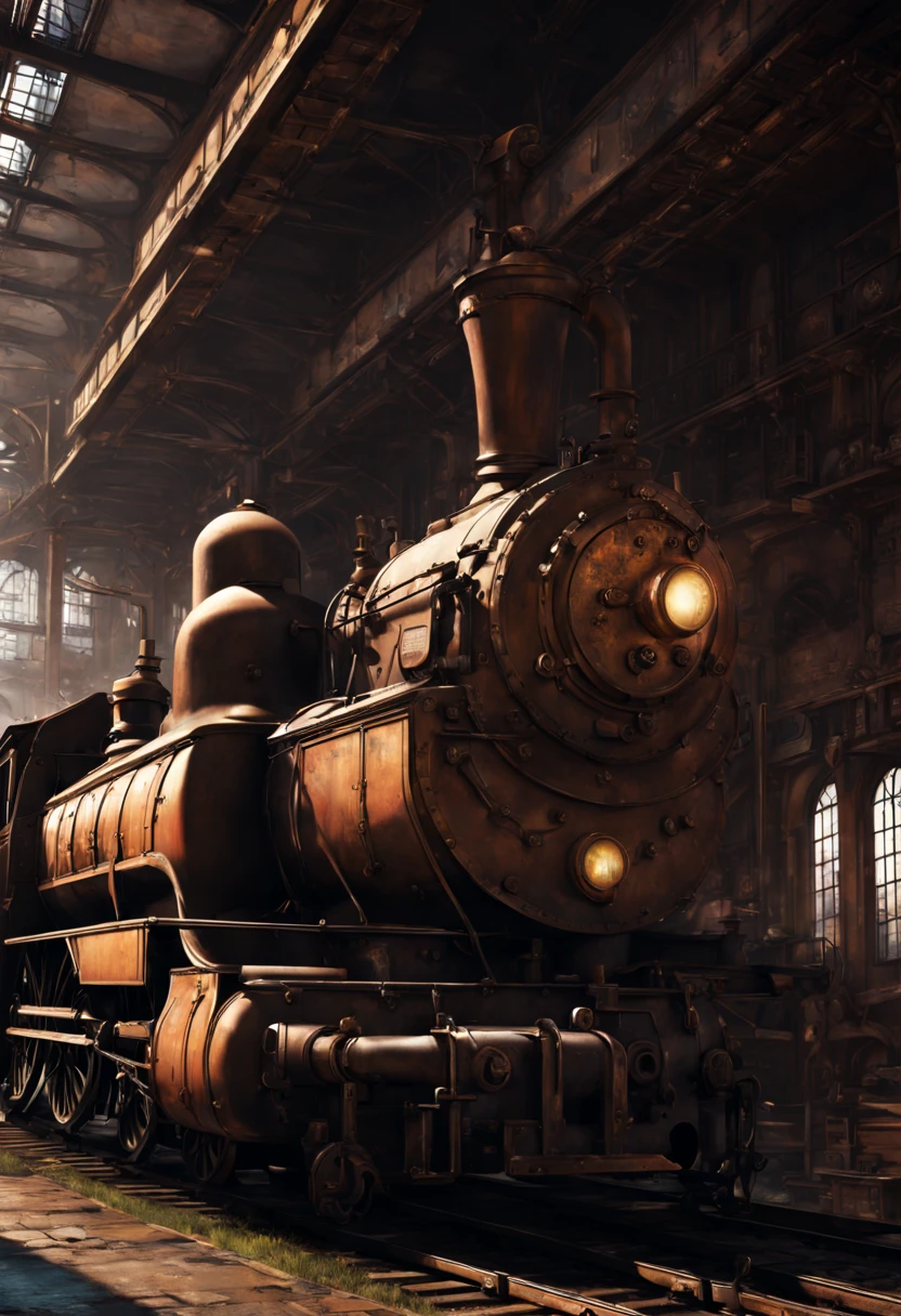 Train Station, aesthetic, Train, metal, rusted, detailed, 8k resolution, detailed matte painting, deep color, fantastical, intricate detail, splash screen, complementary colors, fantasy concept art, 8k resolution trending on Artstation Unreal Engine 5