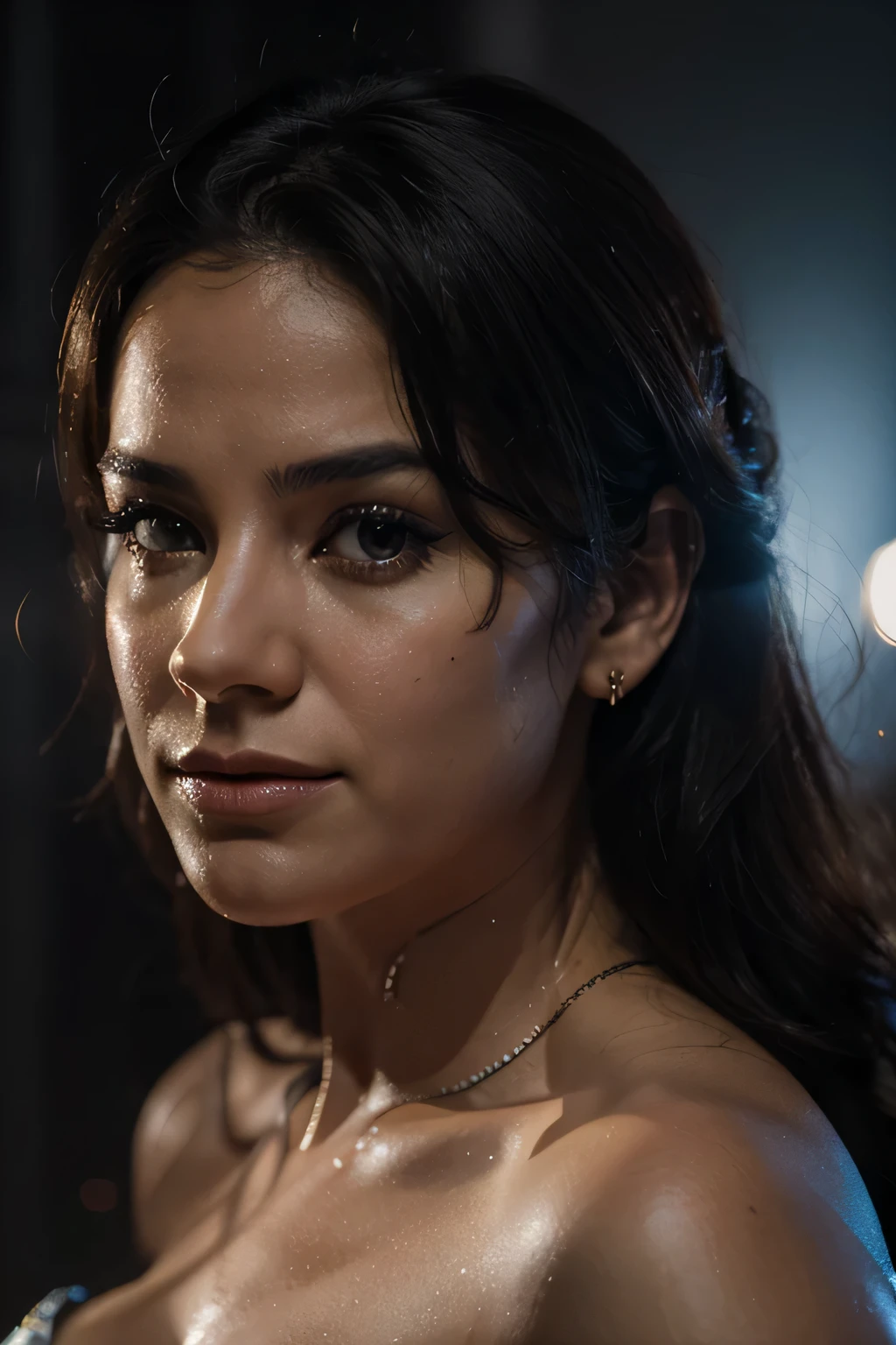 Cena do filme, Mulher Maravilha de DC Close-Up, distorted space, Mortos-vivos distorcidos em segundo plano, Lens Flares, eixos de luz, detalhes intrincados, altamente detalhado, volumetric lighting, 4K rendering, Foto, hiper-realista, texturas realistas, dramatic lighting, motor irreal