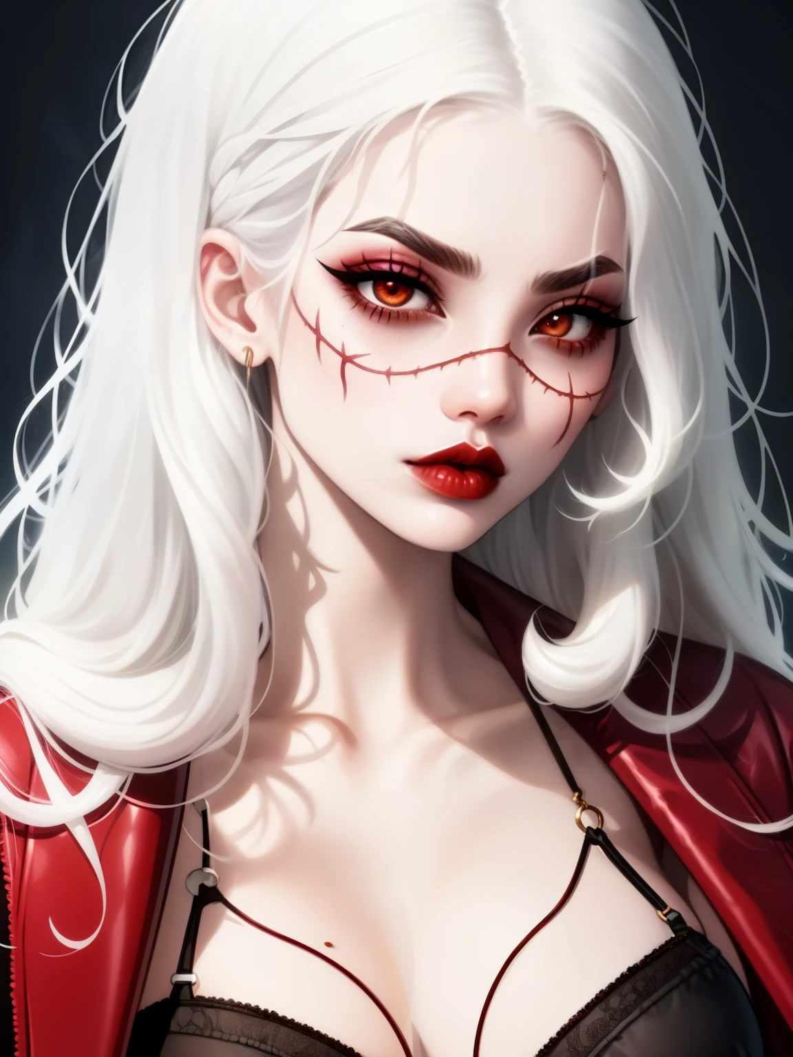 1girl, better_scar, scar on nose, white hair, long hair, serious, vampire, pale skin, lipstick, lips, red lips, medium breasts, eyeliner, bra, 