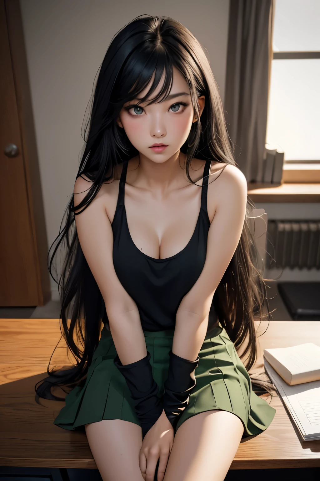 Sexy woman, long black luscious hair, seductive eyes, blushing, parted lips, black tank top, dark green jacket and skirt, sitting on desk, desperate