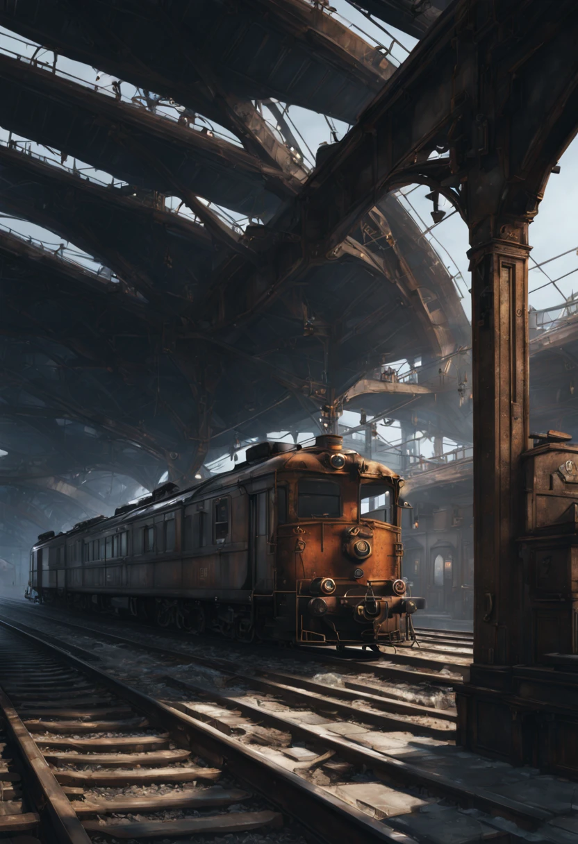 Train Station, aesthetic, Train, metal, rusted, detailed, 8k resolution, detailed matte painting, deep color, fantastical, intricate detail, splash screen, complementary colors, fantasy concept art, 8k resolution trending on Artstation Unreal Engine 5