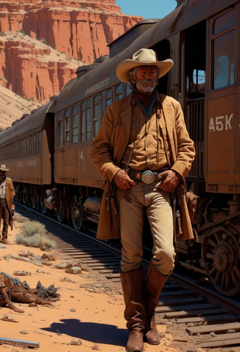 (Western Cowboy with hat), stands next to his horse, sunset sky background, popular comic, full body, award-winning, cinematic still, emotional, vignette, dynamic, vivid, (masterpiece, best quality, Professional, perfect composition, very aesthetic, absurdres, ultra-detailed, intricate details:1.3)