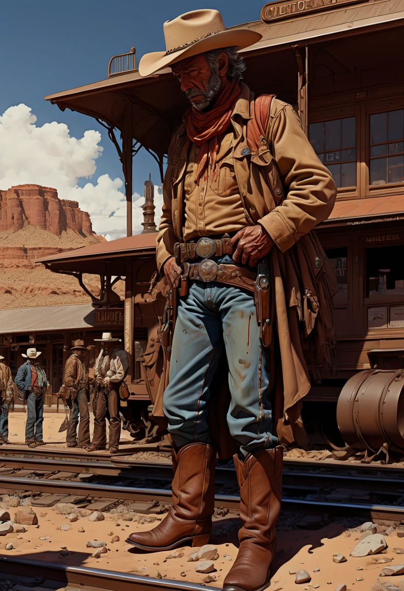 (Western Cowboy with hat), stands next to his horse, sunset sky background, popular comic, full body, award-winning, cinematic still, emotional, vignette, dynamic, vivid, (masterpiece, best quality, Professional, perfect composition, very aesthetic, absurdres, ultra-detailed, intricate details:1.3)