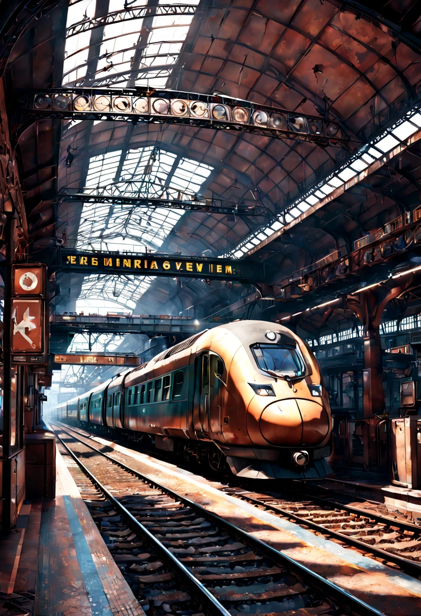 Train Station, aesthetic, Train, metal, rusted, detailed, 8k resolution, detailed matte painting, deep color, fantastical, intricate detail, splash screen, complementary colors, fantasy concept art, 8k resolution trending on Artstation Unreal Engine 5