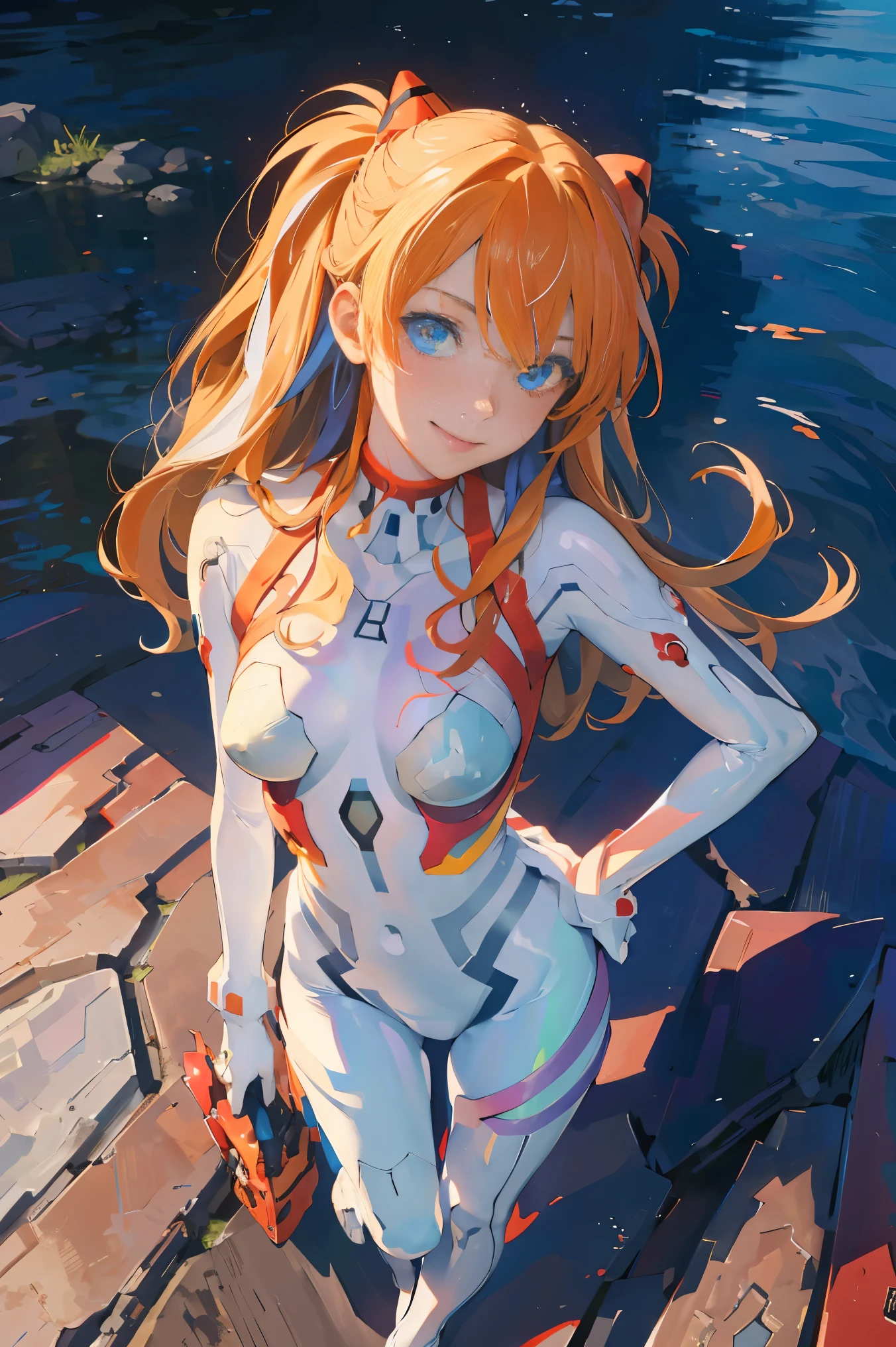 (masterpiece, best quality, detailed), 1girl, solo, from above, evil smile, full body, legs apart, hands on hips, fisheye, outdoors,
souryuu asuka langley, interface headset, heterochromia, rainbow order, white bodysuit  