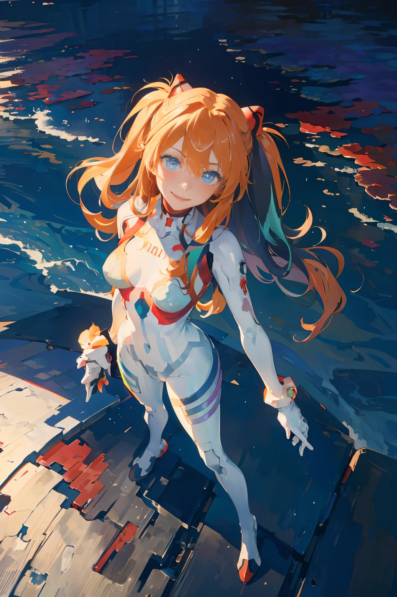 (masterpiece, best quality, detailed), 1girl, solo, from above, evil smile, full body, legs apart, hands on hips, fisheye, outdoors,
souryuu asuka langley, interface headset, heterochromia, rainbow order, white bodysuit  