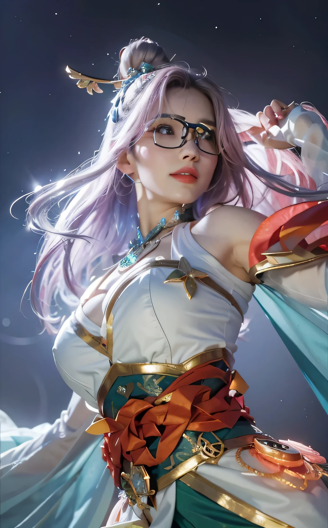 (female:1.2), 8k, ultra hd, ultra detailed texture, hyper realistic, masterpiece, detailed texture, detailed face, detailed skin, detailed lighting, (photorealistic:1.5), best quality, beautiful lighting, cinematic lighting, professional lighting, ultra highres, realistic, detailed hair, real hair, high quality, (realskin:1.5), extremely detailed, finely detail, ultra-detailed, 1girl, solo, v-shaped eyebrow, red lips, parted lips, smile, white skin, nose, pretty, beautiful, cute face, short hair, pink hair, side bangs, large breasts, armpit, navel, stomach, thigh, bare shoulder, depth of field, skin tight, amazing pose, glowing, blurry background, seductive pose