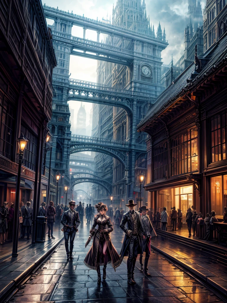 
       Victorian Aesthetics and Steampunk City Station Bus Crowd Fantasy Movie Scene Lively City Atmosphere Fog Mysterious Lighting Complex and Detailed Architecture, Bustling streets super detailed,Clear pattern, artwork,masterpiece,Master-produced photo-realistic highly detailed digital art，fantasy art behavior，surreal