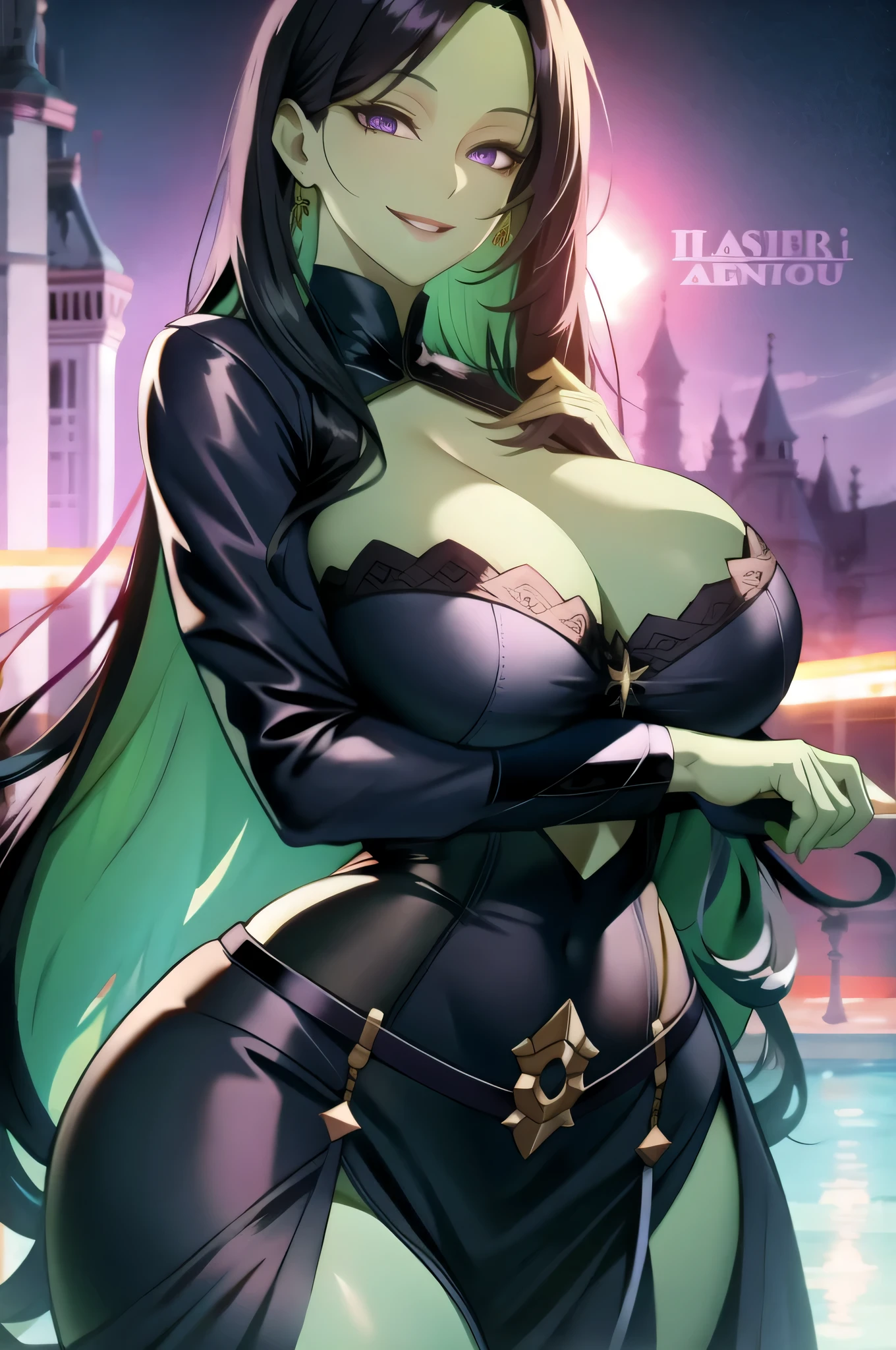 long black hair, green skin, violet eyes, solo, smiling, standing, upper body, hips, gigantic breasts