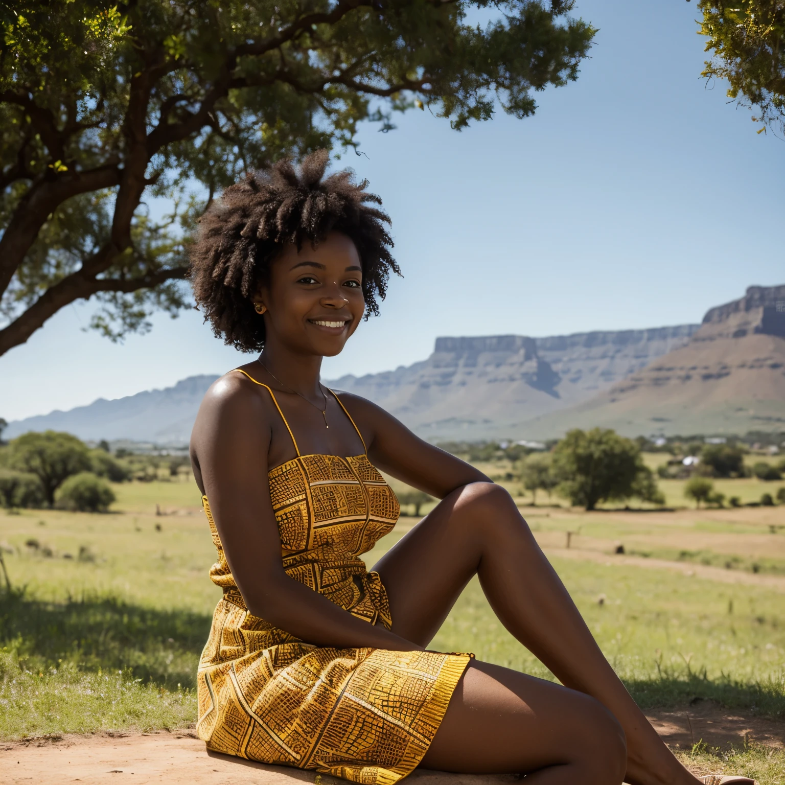 The picture shows a young South African woman with dark skin, who looks into the camera with a warm smile. Sie hat krauses schwarzes Haar, that falls in natural curls over her shoulders. Her face shows distinctive African features with a broad nose, vollen Lippen und sanften Wangenknochen. In ihren dunklen Augen spiegelt sich die Sonne wider, while sitting under a shady tree, der im Hintergrund zu sehen ist. The woman is wearing traditional African clothing, die ihre Kultur und Herkunft widerspiegelt. Your skin has a natural texture, mit kleinen Unreinheiten und Sommersprossen, die sie authentisch und lebendig erscheinen lassen. Some of South Africa&#39;s characteristic landscape features can be seen in the background, wie die weiten Ebenen, acacia-lined savannahs or majestic mountains. The image exudes an atmosphere of pride, Beauty and authenticity and conveys that feeling to the viewer, to participate first-hand in the joy of life and culture of South Africa.