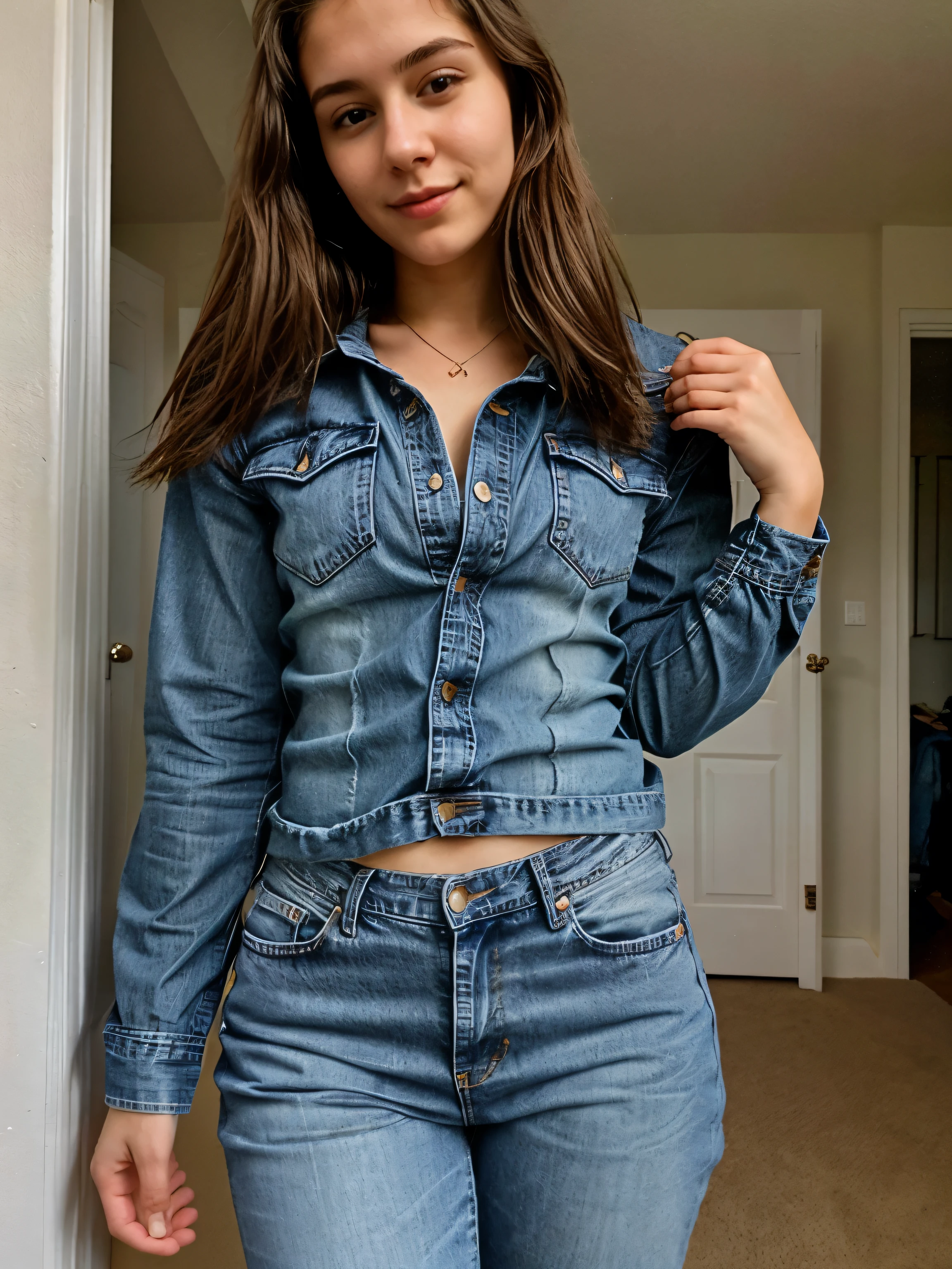 Beautiful 21 year old Girl seflie, dressed, with jeans and clothes, Reddit, ((looking at the camera)) fully dressed, closeup