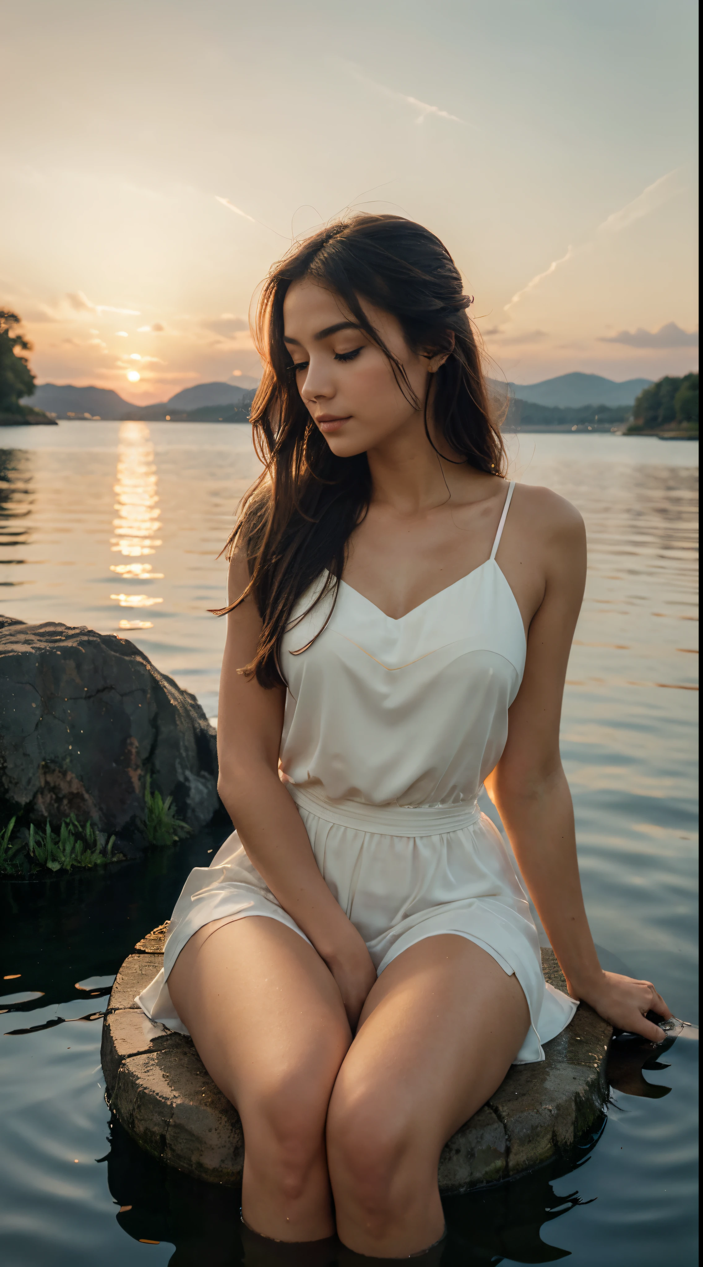 Generate an image of a beautiful woman seated on the grass beside a serene blue lake, bathed in the warm hues of a sunset. Describe her with flowing, elegant attire that complements the tranquil setting. Utilize cinematic lighting to capture the golden tones of the sunset, creating a visually enchanting composition. Depict her in a relaxed yet graceful pose, immersed in the peaceful ambiance of the lakeside scenery. Utilize diverse keywords from the SeaArt list for each category to ensure a rich, varied, and visually engaging representation of her beauty in the idyllic sunset setting.