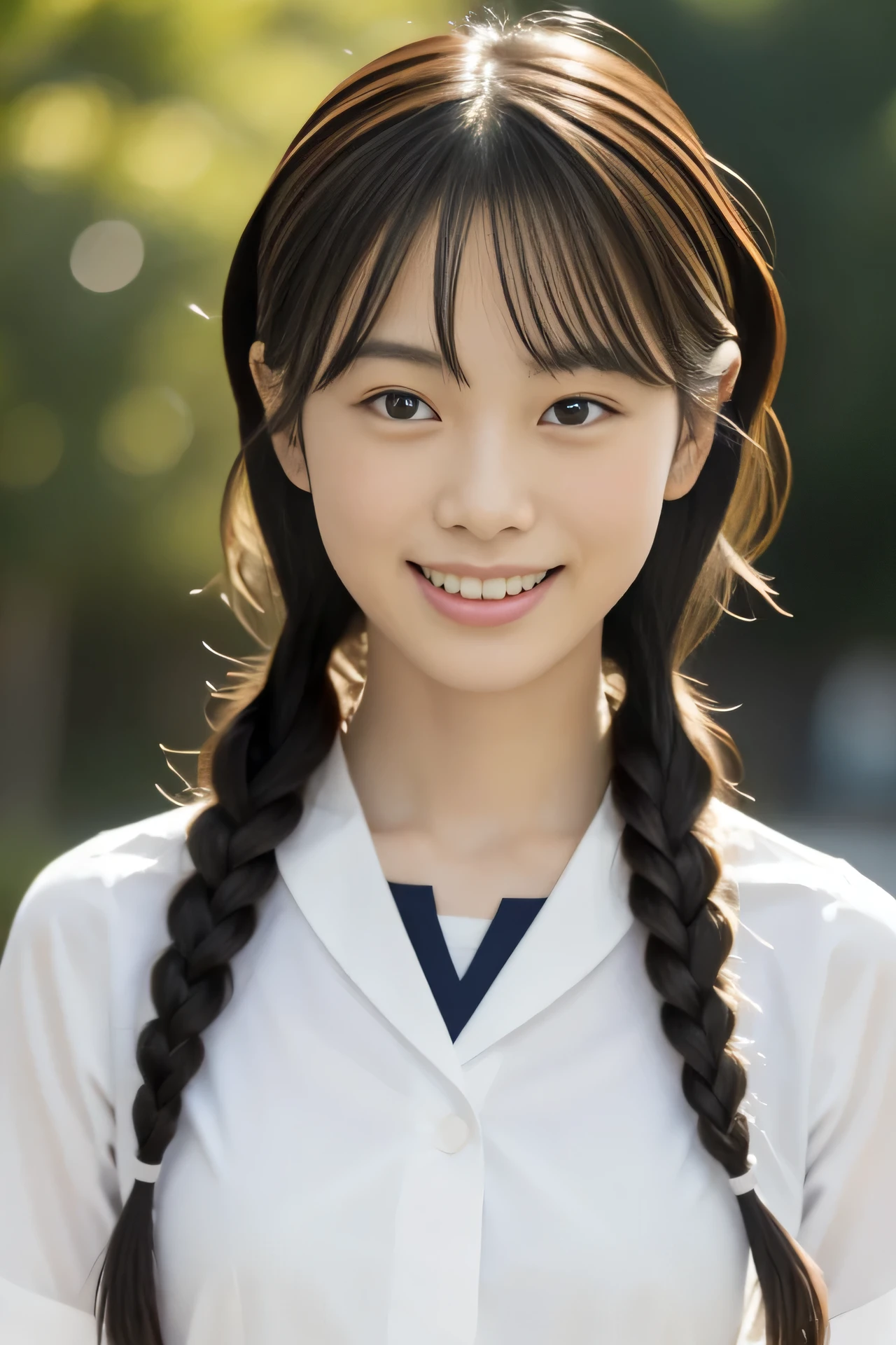 Lens 135mm f1.8, (highest quality),(RAW photo), , (Beautiful *********** Japanese girl), cute face, (deeply carved face:0.7), (freckles:0.6), dappled sunlight, dramatic lighting, (japanese school uniform), (inside the school), shy, twintails, (cowboy shots of:1.2), (embarrassed smile),, (sparkling eyes)、, (Arms at sides),