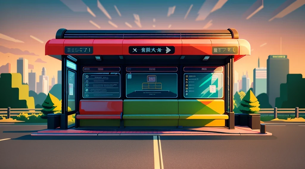 isometric style，120 degrees accurate，Poly Art，by the road，There is a bus stop，there are many cards, The three license plates in the middle, electronic signage, Super detailed，Super detailed，Super detailed，Super detailed，Super detailed，3D stylized scene