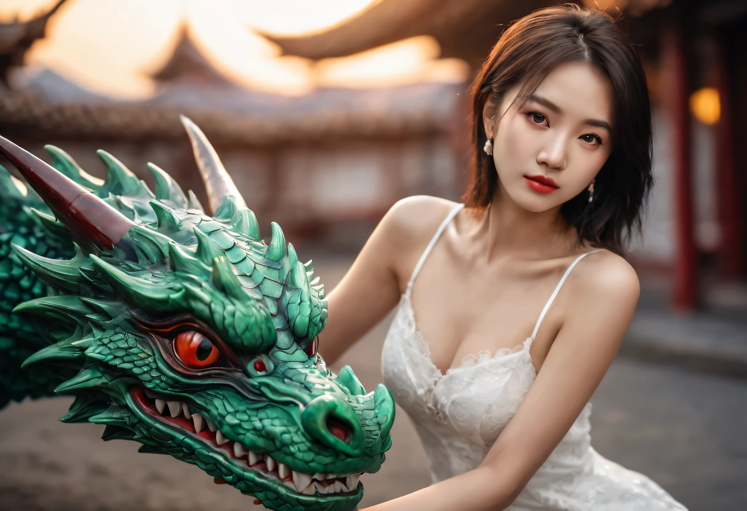 HDR, UHD, 64k, ultra-wide angle, polychromatic neon, phantasmagoria, vray, polychromatic noir, hyperrealistic photo, full body portrait of a very attractive single Asian girl with beautiful emerald detailed eyes in a detailed white dress with dragons on it, she has medium-sized breasts and juicy cleavage, anatomically correct, finely detailed features, perfect body, lightly tanned skin, perfectly flawless skin, super-detailed black and red dragon tattoos, (award winning, best quality), masterpiece, detailed, edgy, (dramatic, confident, mirrorless, ultra-wide angle, sunset, lifestyle editorial, black and white, high, backlit), ( blending, smooth, serious, detailed expressions, artstyle, detailed eyes, HDR, UHD, 64k, RTX, sharp, sharp focus, highly detailed, intricate detail, professional, artistic flow, ultra detailed, high resolution photography)