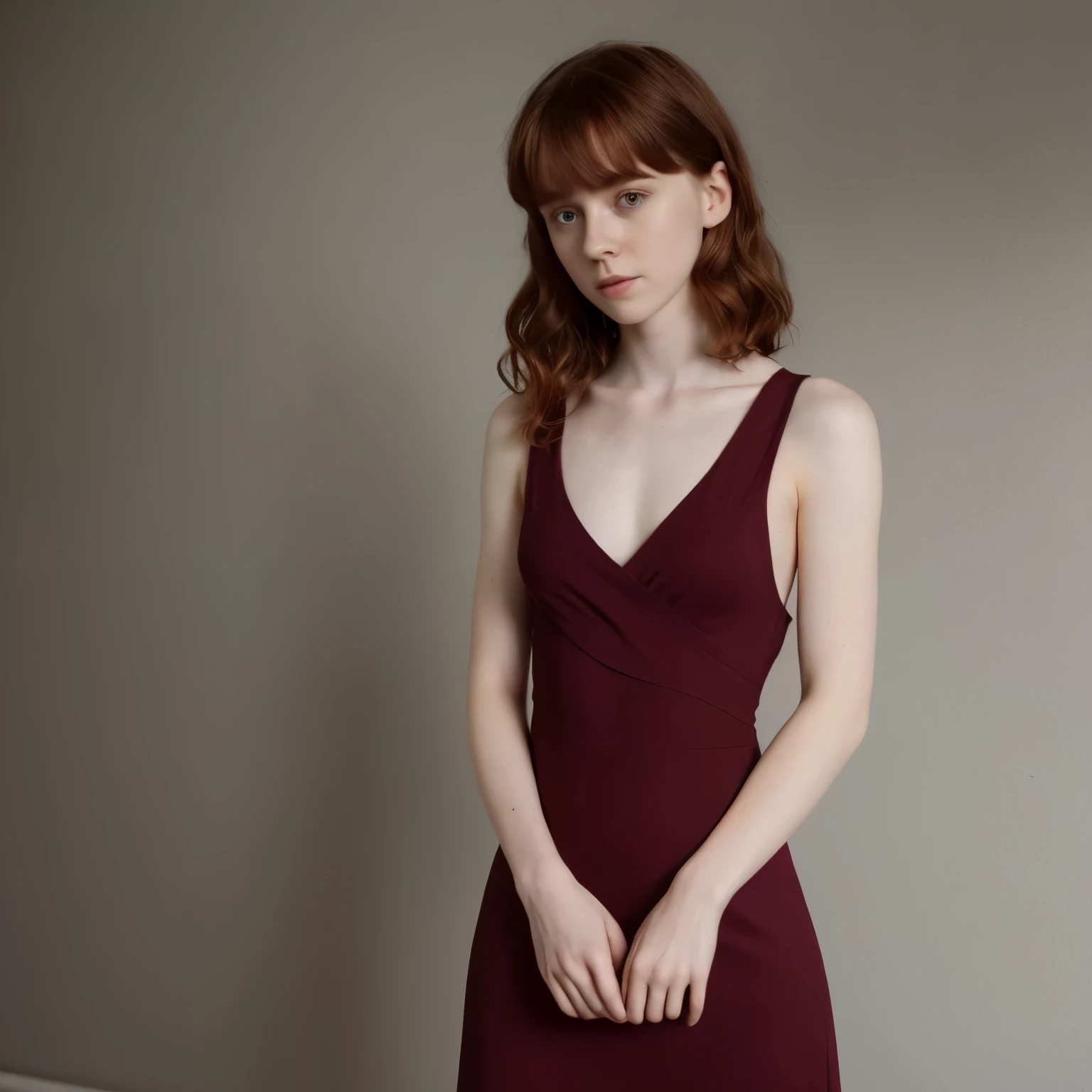 Sophia Lillis, lean body, tight maroon dress, pale skin, long wavy hair, small breasts