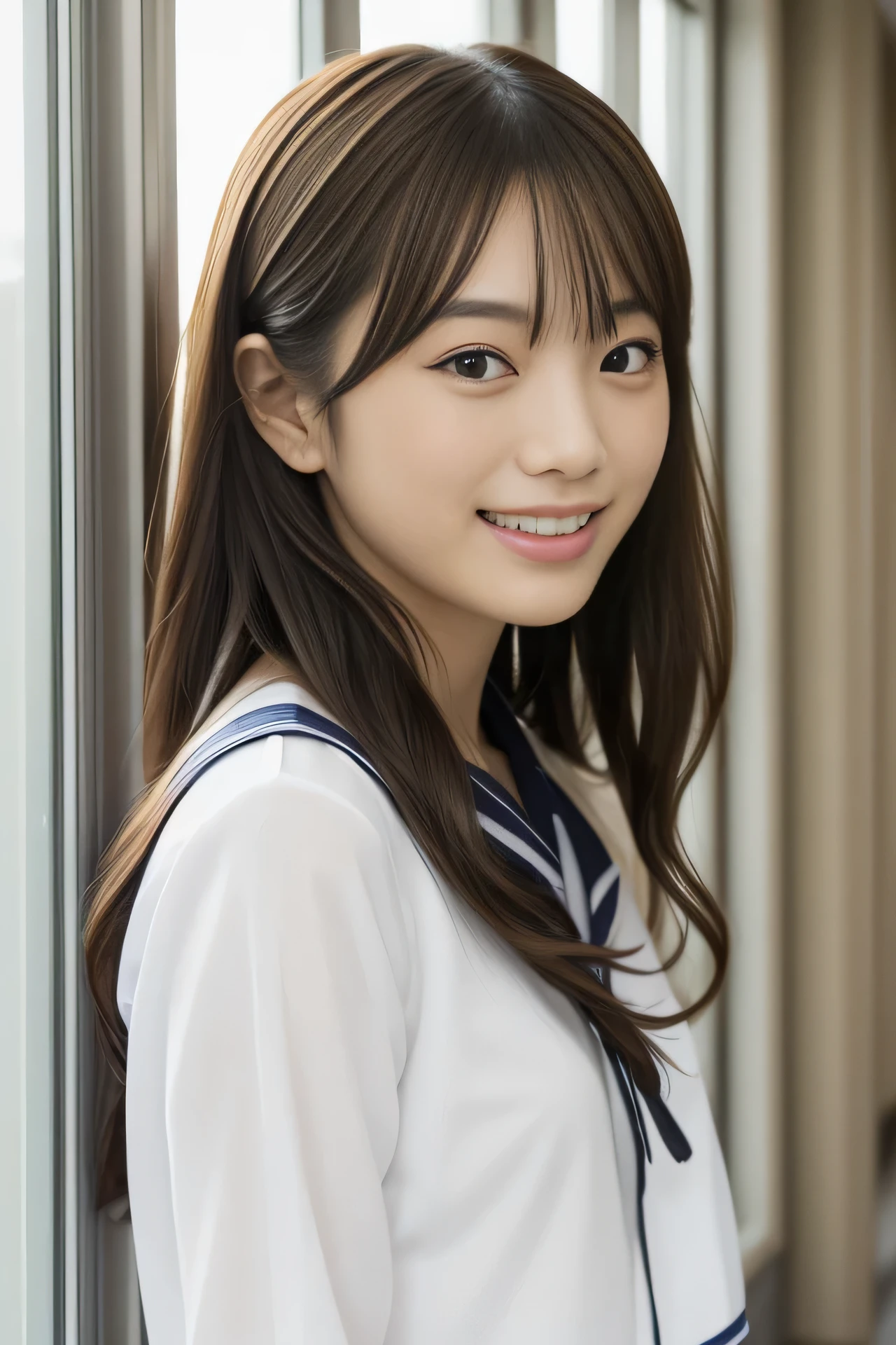 High resolution, Photoreal, very delicate and beautiful, highest quality, A photo of a cute Japanese high school girl wearing a sailor suit, Walking down the school hallway, white skin, beautiful and detailed face, beautiful clear eyes, delicate figure, short braids. lots of bangs, slender body, happy smile showing teeth, close up of face