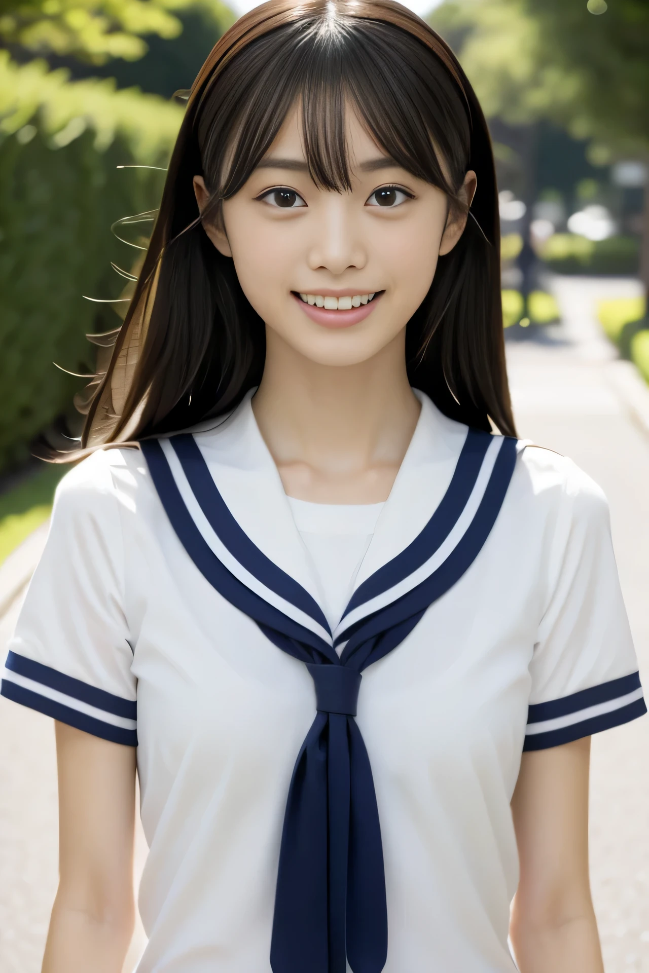 High resolution, Photoreal, very delicate and beautiful, highest quality, A photo of a cute Japanese high school girl wearing a sailor suit, Walking down the school hallway, white skin, beautiful and detailed face, beautiful clear eyes, delicate figure, (long straight black hair. bangs,, Okappa) slender body, happy smile showing teeth, close up of face