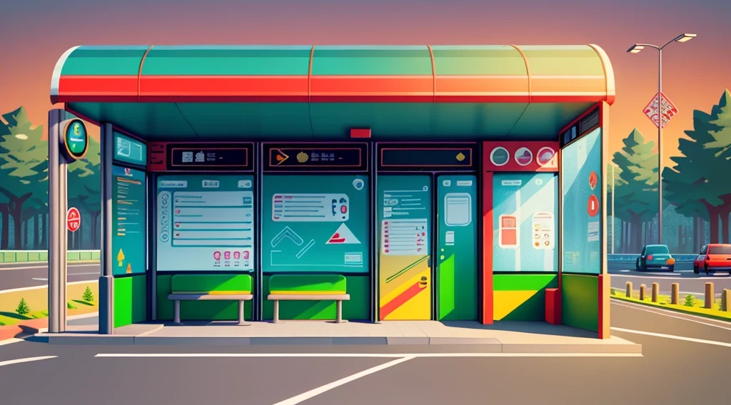 isometric style，120 degrees accurate，Poly Art，by the road，There is a bus stop，there are many cards, The three license plates in the middle, electronic signage, Super detailed，Super detailed，Super detailed，Super detailed，Super detailed，3D stylized scene