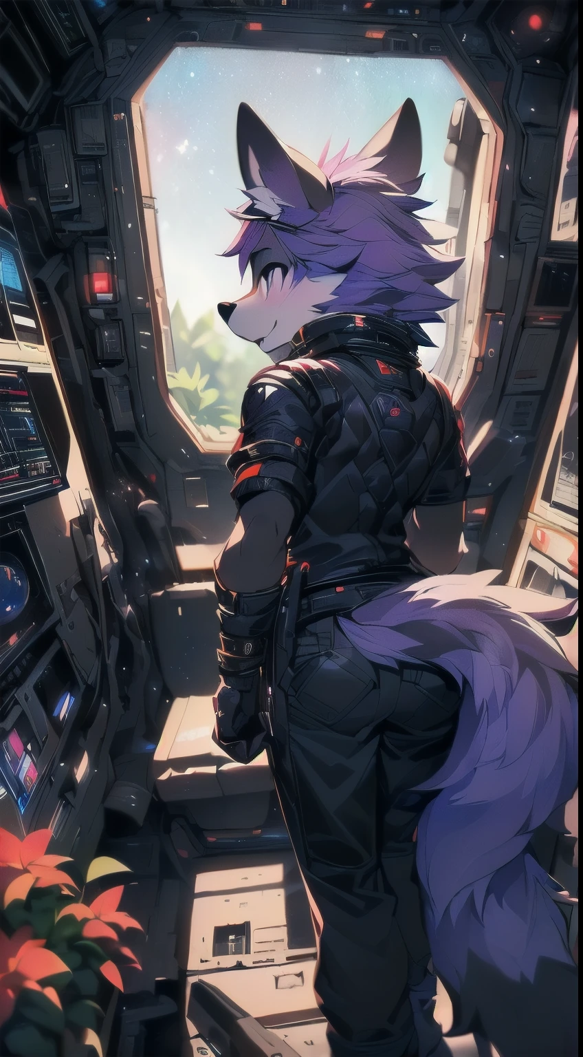 hairy((a wolf)),(((Handsome))),(((Shota))),(purple hair),(((Extreme light and shadow))),(The light from the rear window is backlit),((((Wear black fingerless gloves)))),((((Wear black foot socks)))),(blue light particles),(((((dark space))))),((((look back)))),(((Face turned red))),((Behind her is a garden)),(((Metallic luster)))