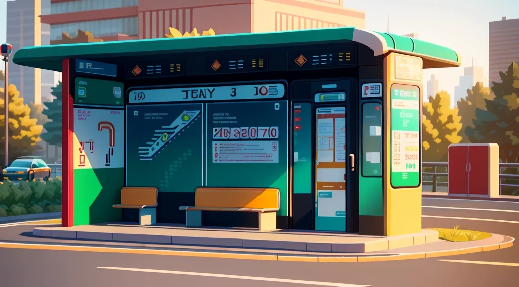 isometric style，120 degrees accurate，Poly Art，by the road，There is a bus stop，there are many cards, The three license plates in the middle, electronic signage, Super detailed，Super detailed，Super detailed，Super detailed，Super detailed，3D stylized scene