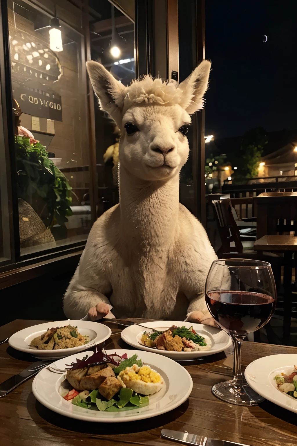 an alpaca animal,Sitting at the table in casual clothes,Enjoying a delicious dinner。The table is full of plates、tableware、food、Two wine glasses and three candlelights。The meal in front of you includes rice、chicken、salad and bottle of red wine。Night view and beautiful little moon outside the restaurant window。Alpacas are chubby and look particularly cute,fine hair。There is a bottle of red wine on the table。