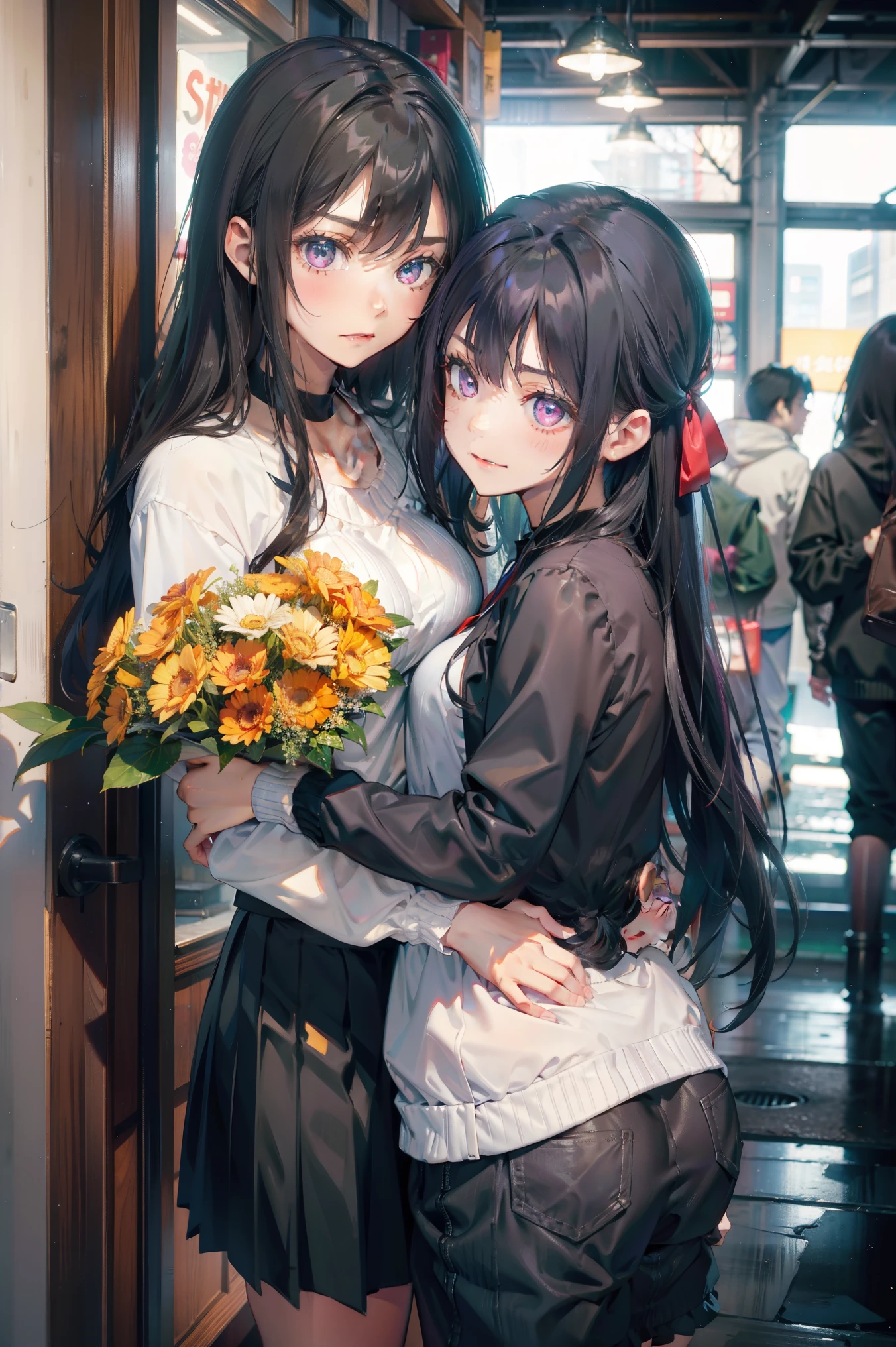 Two girls hugging each other, One has long black hair......., Purple eyes..., The other has long ash-gray hair......., Green eyes..., High quality, a couple , Girls love girls............., Yuri ,beautiful  Girl, lesbian, Lovers ,. Koi., . expression of love. Lovers. date. , street wear. Jacket ,Room，Holding a bouquet of flowers，Celebrate，