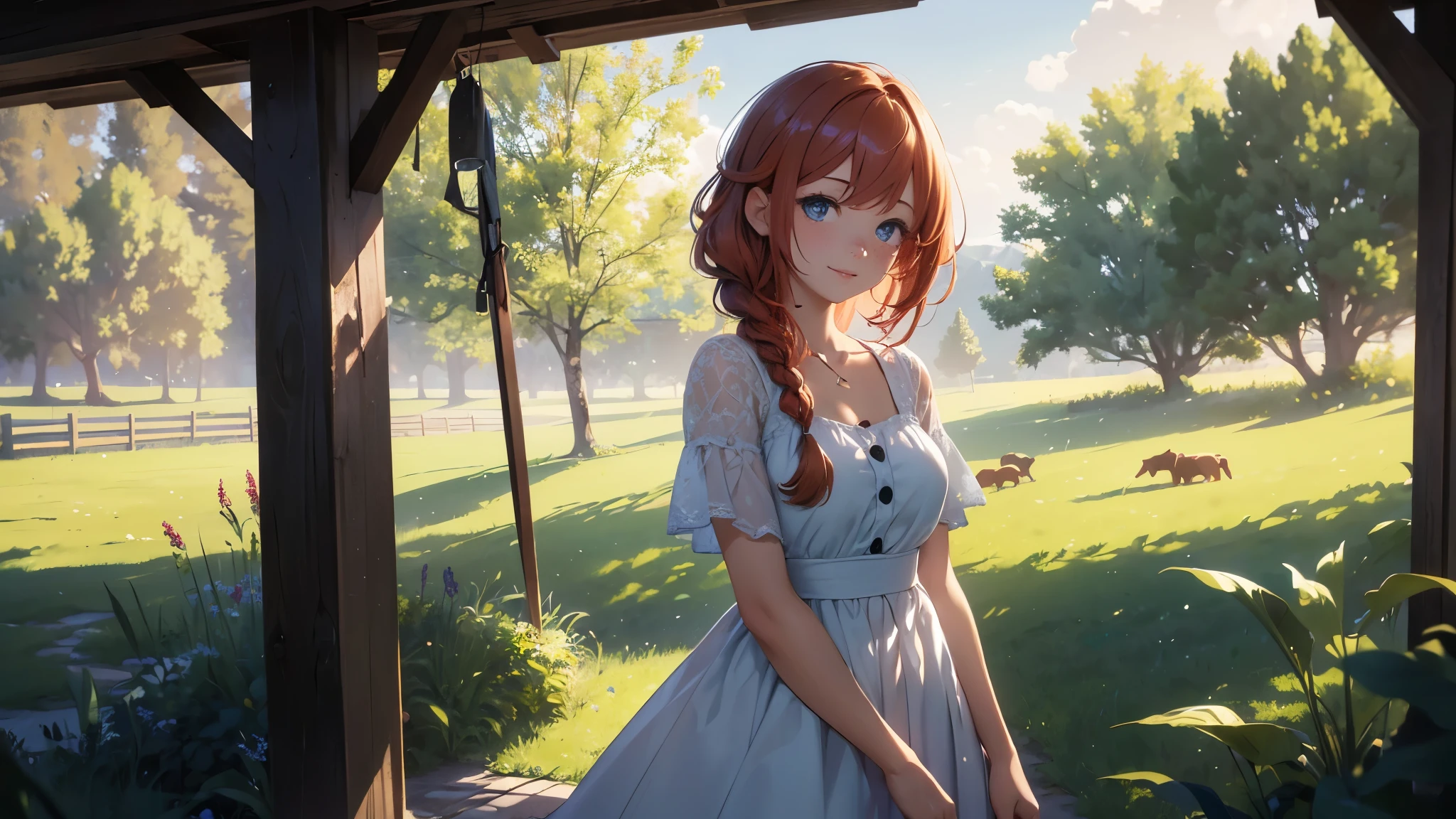 ((masterpiece,best quality,ultra detailed,ultra high res,detailed country yard background)), soft realistic focus, dynamic shadows, realistic image, vibrant colors,light leaks,dreamy atmosphere,chiaroscuro,BREAK 
experimental charm, The girl is depicted in full growth, you see the girl from head to toe, nostalgic appeal, country girlfriend, she take you with yourself, simple open short dress, soft mischievous smile, freckles, shiny light red hair, she will take your hand, thick braids, More real than reality