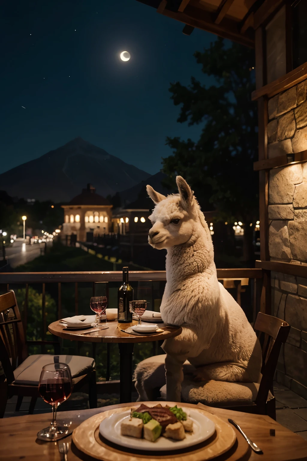 there are one llama sitting at a table with plates of food 、wine glasses and red wine, The alpaca have round and chubby faces and bodies, making them look extra cute and adorable,alpaca, alpaca sculpture, wine bar for felted animals, night city screne, beutiful sky with moon,shot with sony alpha 1 camera, captured on canon eos r 6, taken with sony alpha 9, shot on sony a 7 iii, llama, llama all the way, beautiful faces, shot on leica sl2