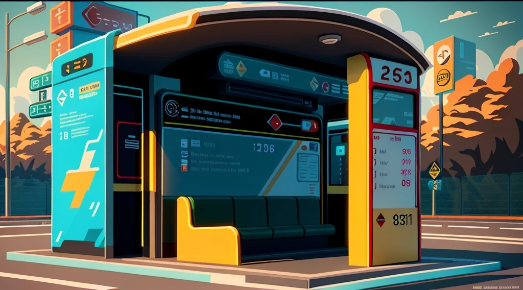 isometric style，120 degrees accurate，Poly Art，by the road，There is a bus stop，there are many cards, The three license plates in the middle, electronic signage, Super detailed，Super detailed，Super detailed，Super detailed，Super detailed，3D stylized scene