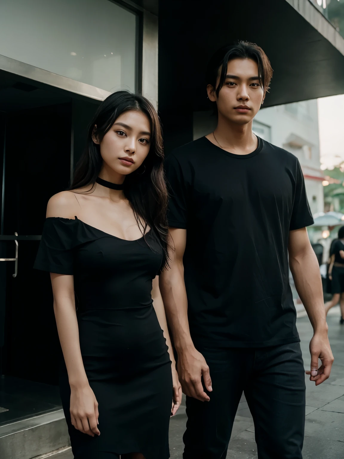 a black shirt man and a woman standing next to each other at a tourist spot in indonesia, an image inspired by Adam Dario Keel, which is trending in the cg community, beautiful young Korean woman in a black party dress, jeans, film screencap, model elisajes from acquamodels