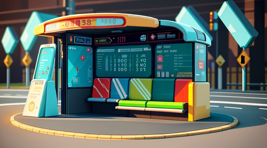 isometric style，120 degrees accurate，Poly Art，by the road，There is a bus stop，there are many cards, The three license plates in the middle, electronic signage, Super detailed，Super detailed，Super detailed，Super detailed，Super detailed，3D stylized scene