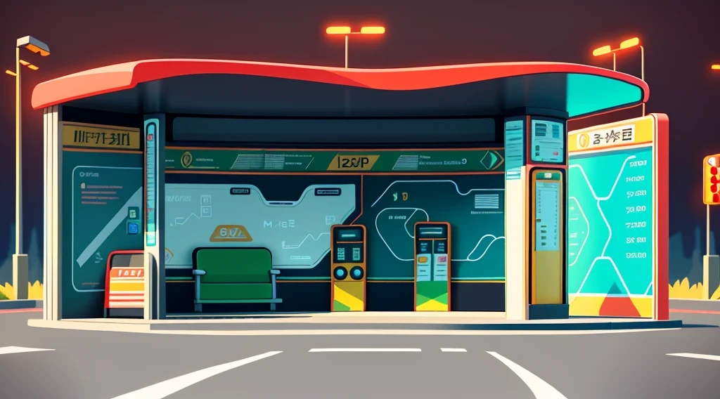 isometric style，120 degrees accurate，Poly Art，by the road，There is a bus stop，there are many cards, The three license plates in the middle, electronic signage, Super detailed，Super detailed，Super detailed，Super detailed，Super detailed，3D stylized scene