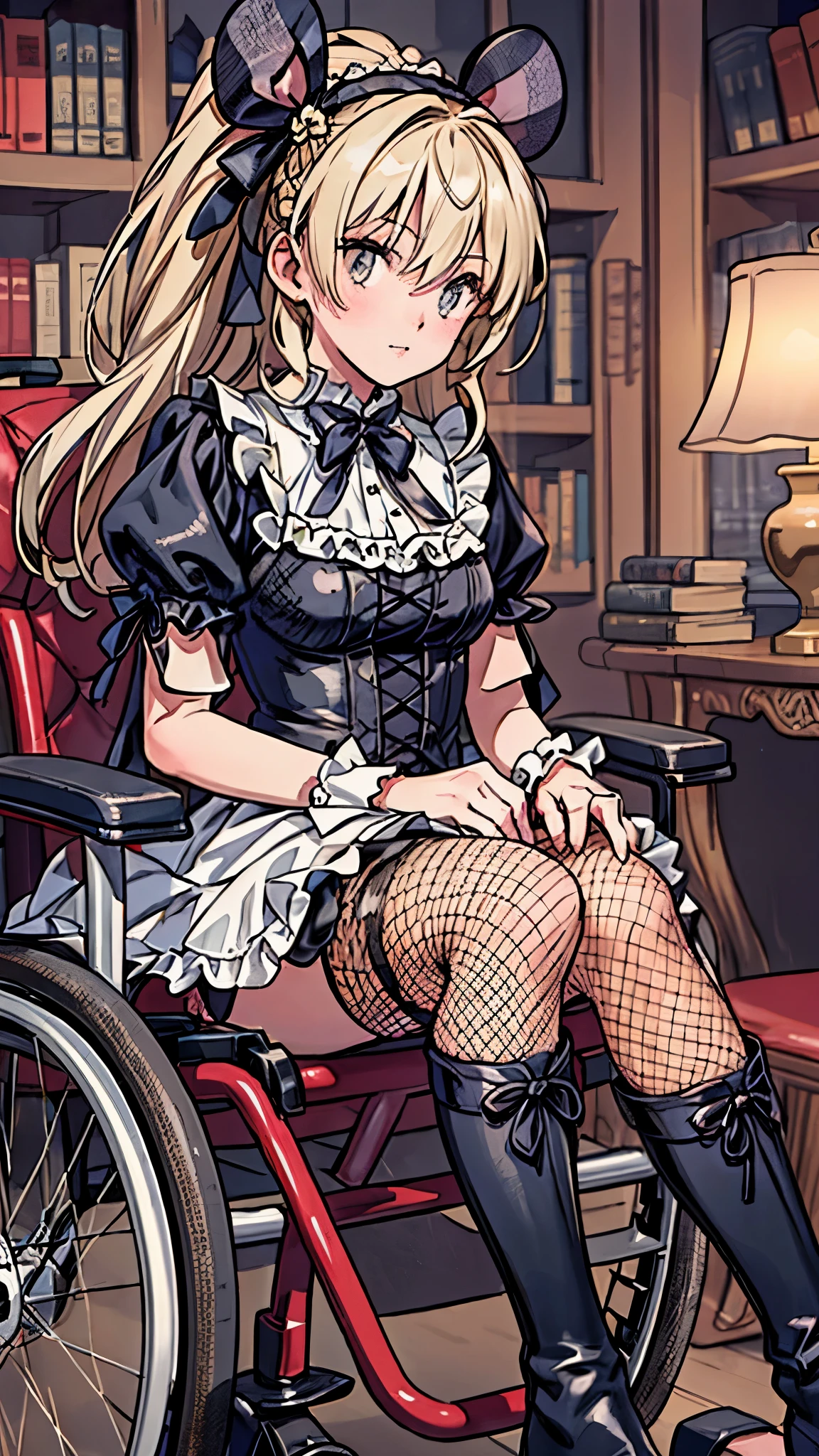 (realistic:1.2),Inside the room,one girl,heavily male-up face,mouse mask,white gothic Lolita dress,fishnet pantyhose,race-up long boots,((she is riding a wheelchair)),Victorian-style furniture fills the room, with dark wooden bookcases lining the walls, filled with antique books. The girl's wheelchair is adorned with intricate and delicate lace trimmings, adding a touch of elegance to the scene. The room is dimly lit, with soft candlelight illuminating the space, casting warm shadows on the walls. The girl's makeup is dramatic, featuring a bold, dark lip color and heavily emphasized eyes with smoky eyeshadow, accentuating her intense and captivating gaze. Her pale complexion contrasts with her dark, flowing hair, which is styled in an elaborate updo with delicate braids and adorned with small black roses. The white gothic Lolita dress she wears is intricately designed with lace and ruffles, giving it a romantic and ethereal feel. The fishnet pantyhose adds a touch of edginess to her outfit, while the race-up long boots give her a sense of confidence and strength. Despite being in a wheelchair, the girl exudes a sense of grace and poise as she sits upright, her body language conveying determination and resilience. The overall color palette is dominated by shades of white, black, and deep red, creating a dramatic and mysterious atmosphere. The combination of the girl's gothic Lolita attire, the Victorian-style furniture, and the dim lighting evokes a sense of melancholy and intrigue, leaving the viewer with a desire to unravel the story behind this enigmatic scene.