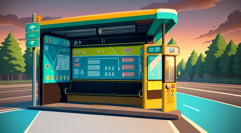 isometric style，120 degrees accurate，Poly Art，by the road，There is a bus stop，there are many cards, The three license plates in the middle, electronic signage, Super detailed，Super detailed，Super detailed，Super detailed，Super detailed，3D stylized scene