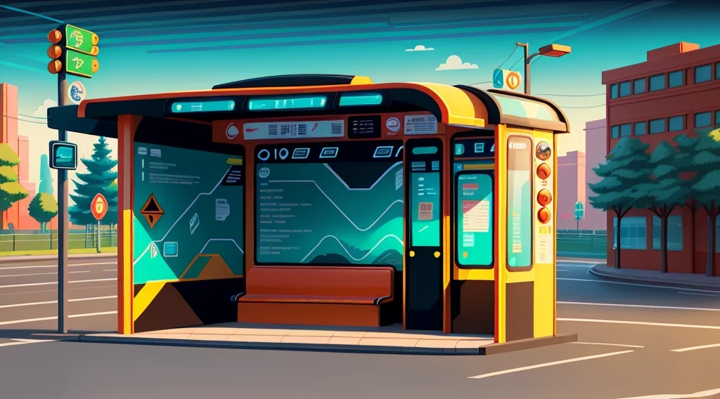 isometric style，120 degrees accurate，Poly Art，by the road，There is a bus stop，there are many cards, The three license plates in the middle, electronic signage, Super detailed，Super detailed，Super detailed，Super detailed，Super detailed，3D stylized scene