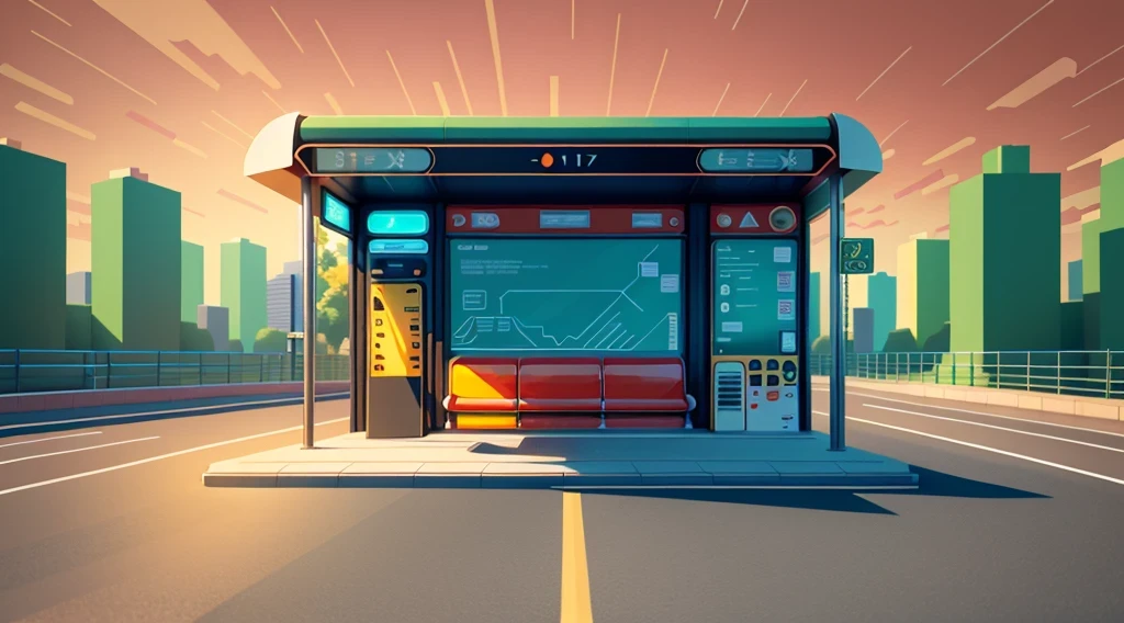 isometric style，120 degrees accurate，Poly Art，by the road，There is a bus stop，there are many cards, The three license plates in the middle, electronic signage, Super detailed，Super detailed，Super detailed，Super detailed，Super detailed，3D stylized scene