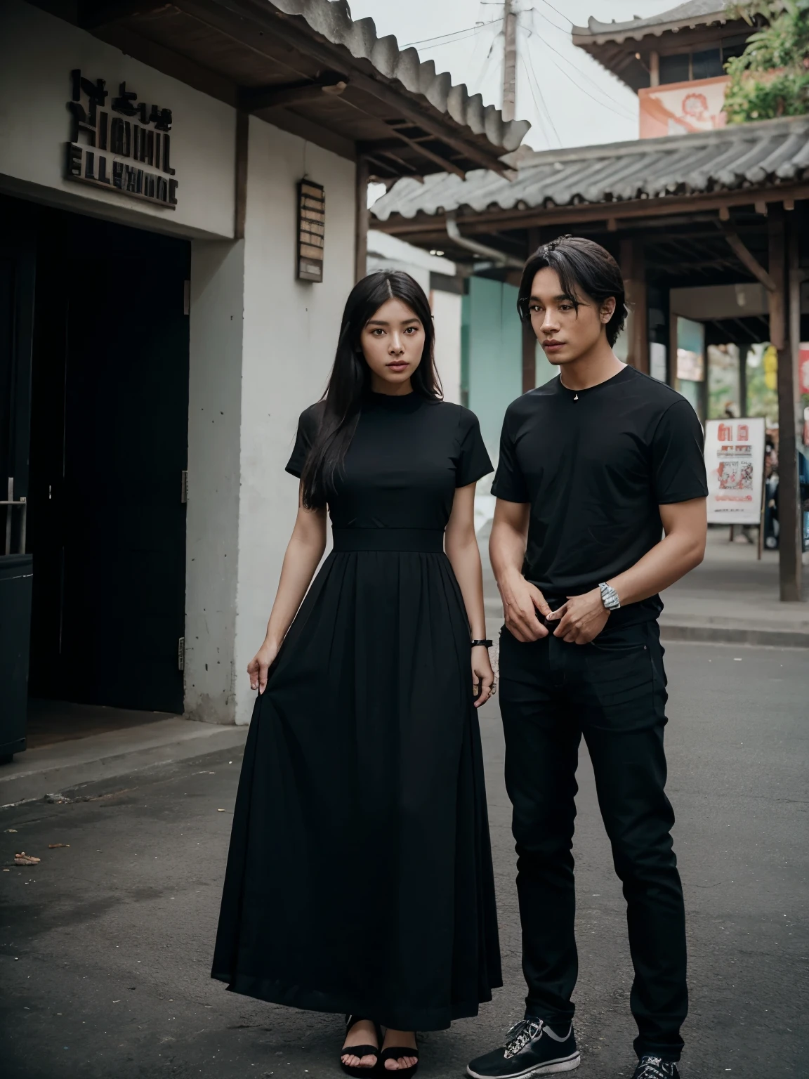 a black shirt man and a woman standing next to each other at a tourist spot in indonesia, an image inspired by Adam Dario Keel, which is trending in the cg community, beautiful young Korean woman in a black party dress, jeans, film screencap, model elisajes from acquamodels
