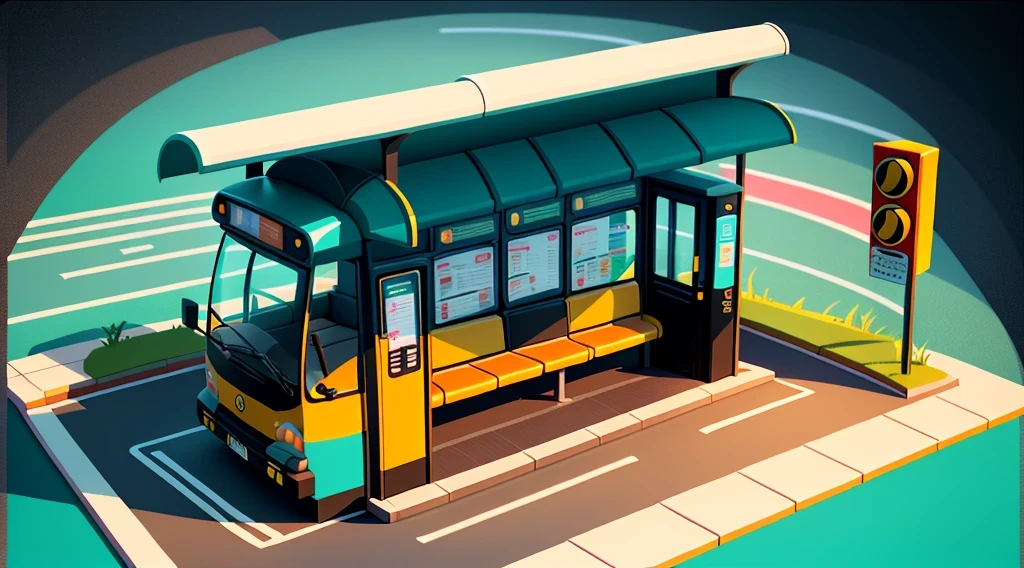 isometric style，120 degrees accurate，Poly Art，by the road，There is a bus stop，there are many cards, The three license plates in the middle, electronic signage, Super detailed，Super detailed，Super detailed，Super detailed，Super detailed，3D stylized scene