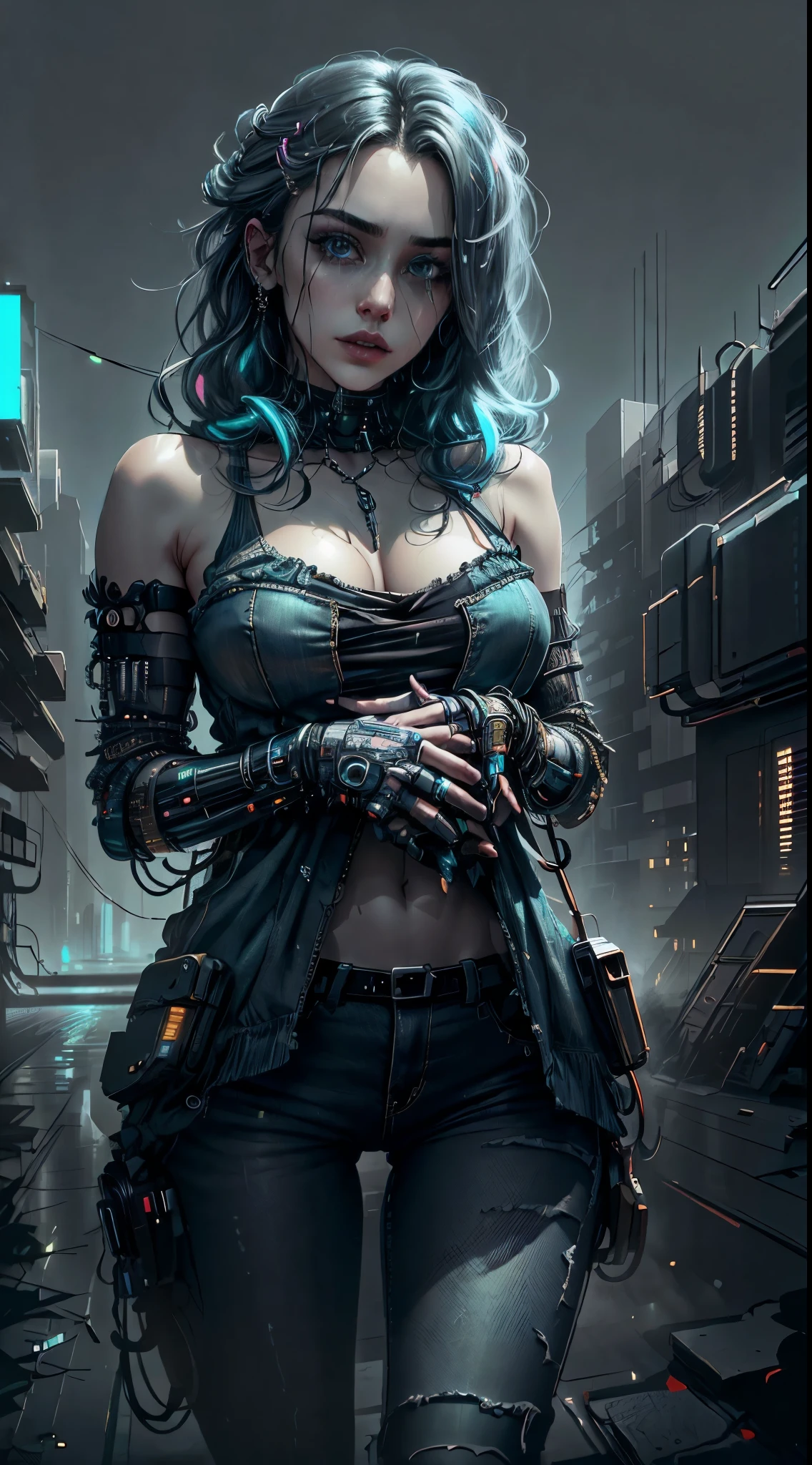 Retrato Motor irreal:1.4,CG ultra realista 64K, fotorrealista:1.4, textura de la piel:1.4, obra maestra:1.4,primer plano:1.4, Beautiful young woman in babydoll lingerie:1.5、ropa corta estilo cyberpunk., pantimedias , minifalda azul jeans, Fondo de la ciudad iluminacion colores calidos y vivos nocturno,((Foto 16k)) HDR ,super realista ,calidad cruda,(Detalles hiperrealistaovie style ,colores vivos:1.3, cielo nocturno oscuro,edificios cyberpunk, beautiful composition.